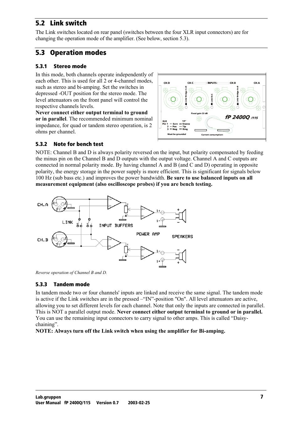 Link switch, Operation modes, Stereo mode | Note for bench test, Tandem mode, Rko= iáåâ=лпбнеь, Rkp= lééê~нбзе=гззйл | Lab.gruppen fP 2400Q User Manual | Page 8 / 20