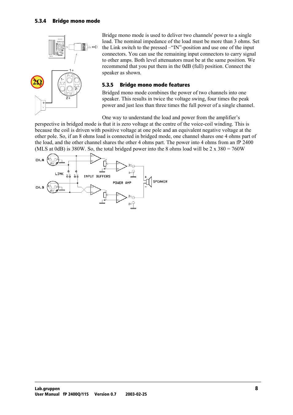 Bridge mono mode, Bridge mono mode features | Lab.gruppen fP 2400Q User Manual | Page 9 / 20