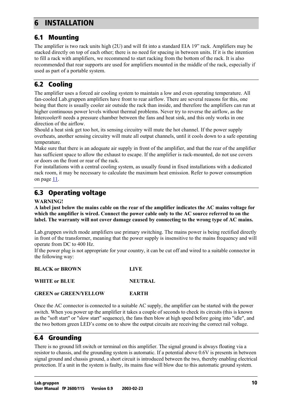 Installation, Mounting, Cooling | Operating voltage, Grounding, S= fkpq^ii^qflk, Skn= jçìåíáåö, Sko= `зздбец, Skp= lééê~нбец=оздн~цй, Skq= dêçìåçáåö | Lab.gruppen fP2600 User Manual | Page 11 / 19
