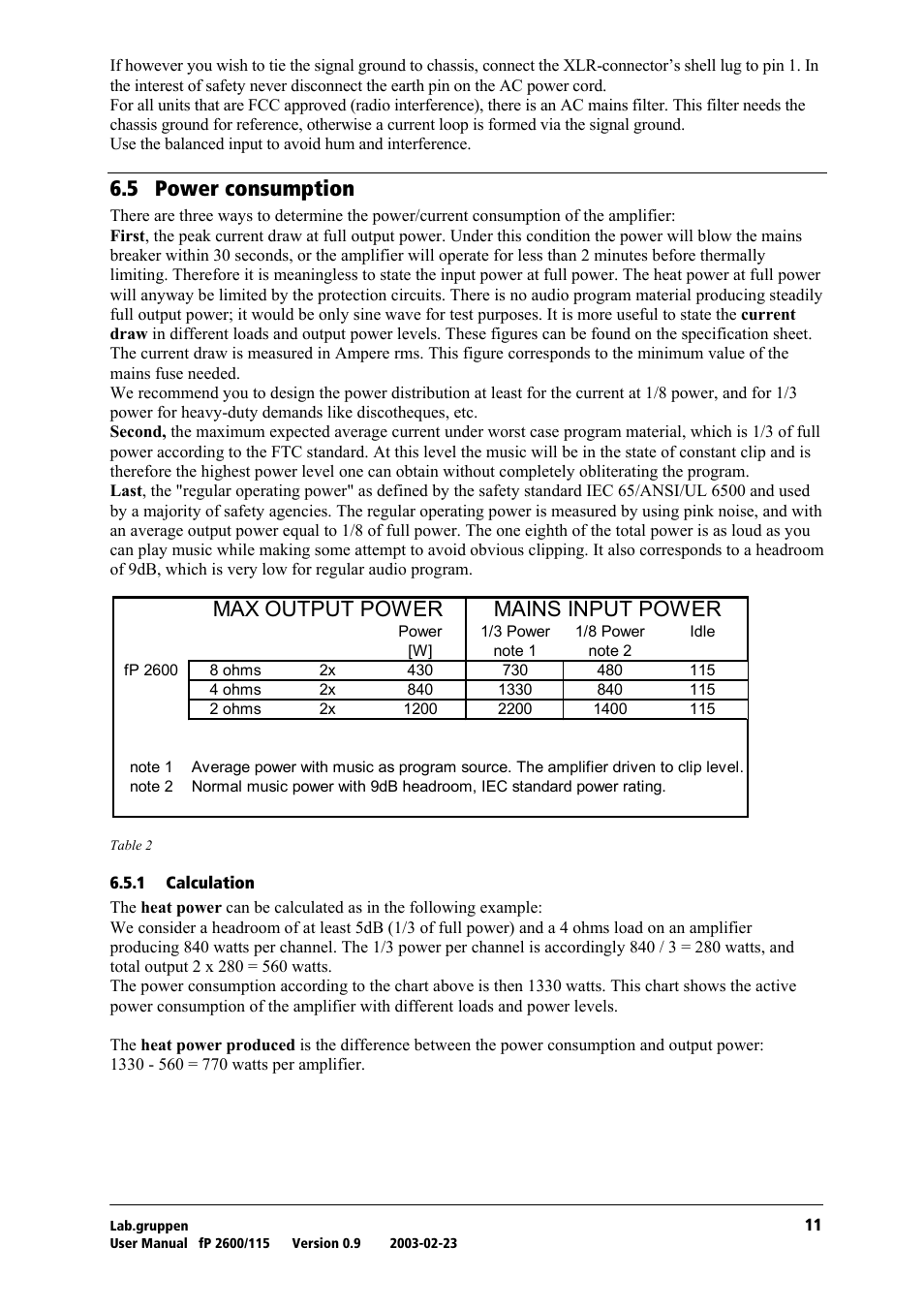 Power consumption, Calculation, Skr= mçïéê=езелмгйнбзе | Mains input power max output power | Lab.gruppen fP2600 User Manual | Page 12 / 19