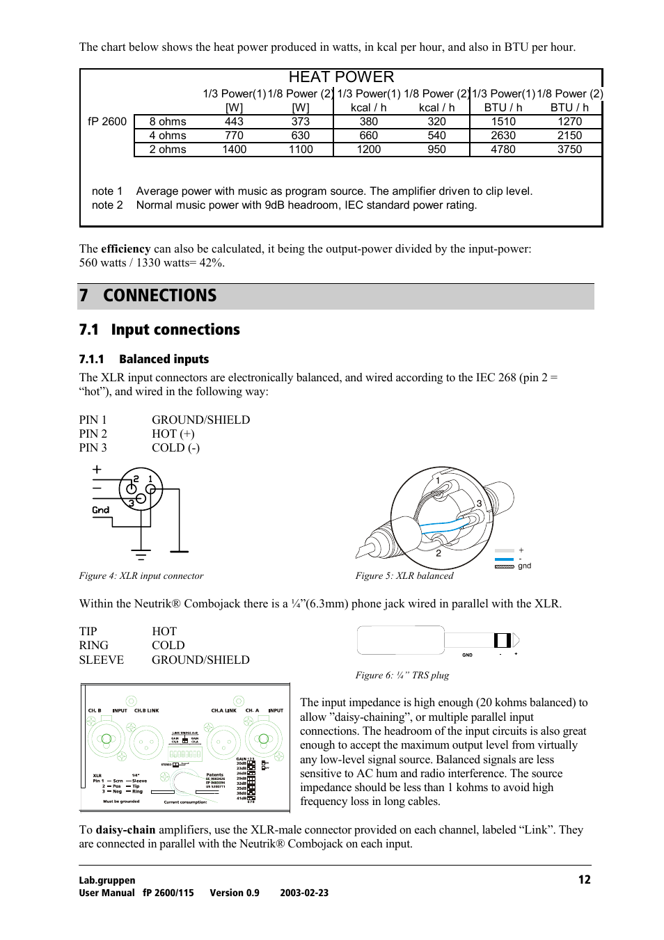 Connections, Input connections, Balanced inputs | T= `lkkb`qflkp, Heat power, Tkn= fåéìí=езеейенбзел | Lab.gruppen fP2600 User Manual | Page 13 / 19