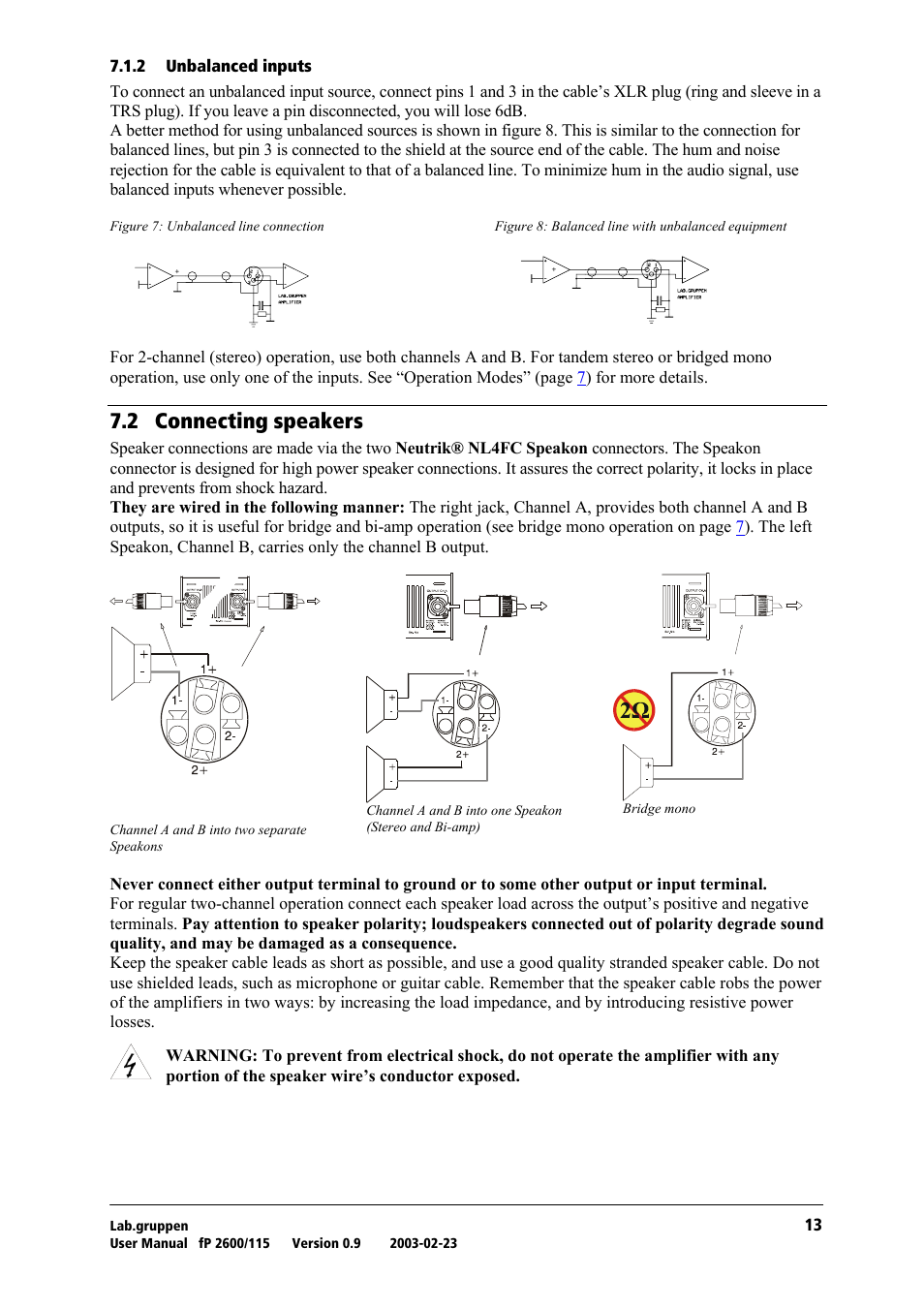 Unbalanced inputs, Connecting speakers, Tko= `зеейенбец=лйй~вйкл | Lab.gruppen fP2600 User Manual | Page 14 / 19
