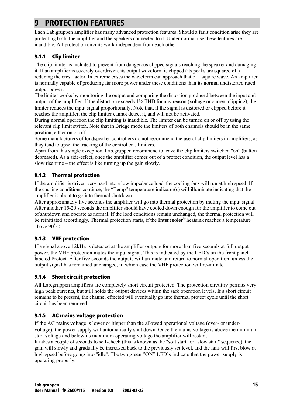 Protection features, Clip limiter, Thermal protection | Vhf protection, Short circuit protection, Ac mains voltage protection, V= molqb`qflk=cb^qrobp | Lab.gruppen fP2600 User Manual | Page 16 / 19