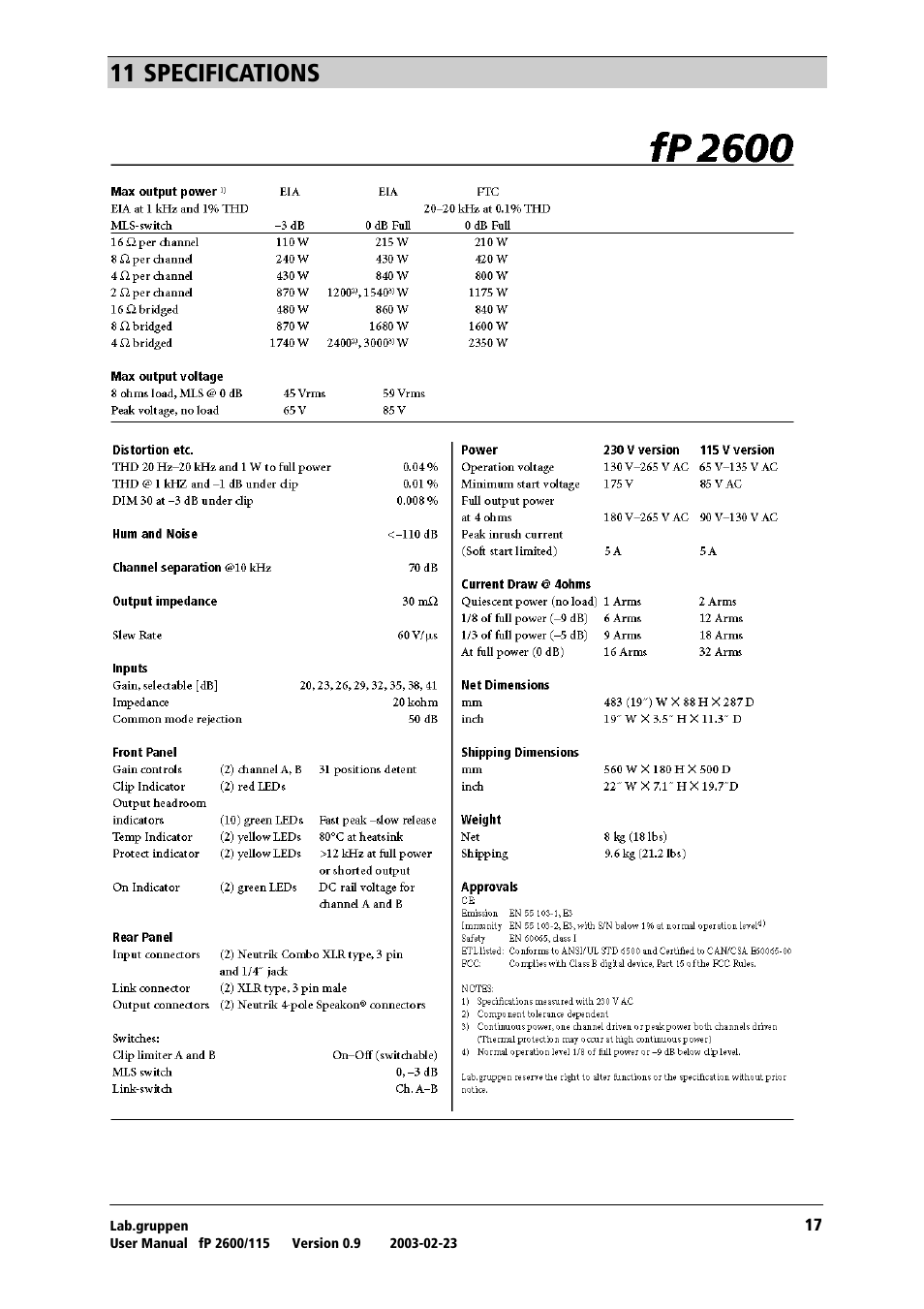 Specifications, Nn=pmb`fcf`^qflkp | Lab.gruppen fP2600 User Manual | Page 18 / 19