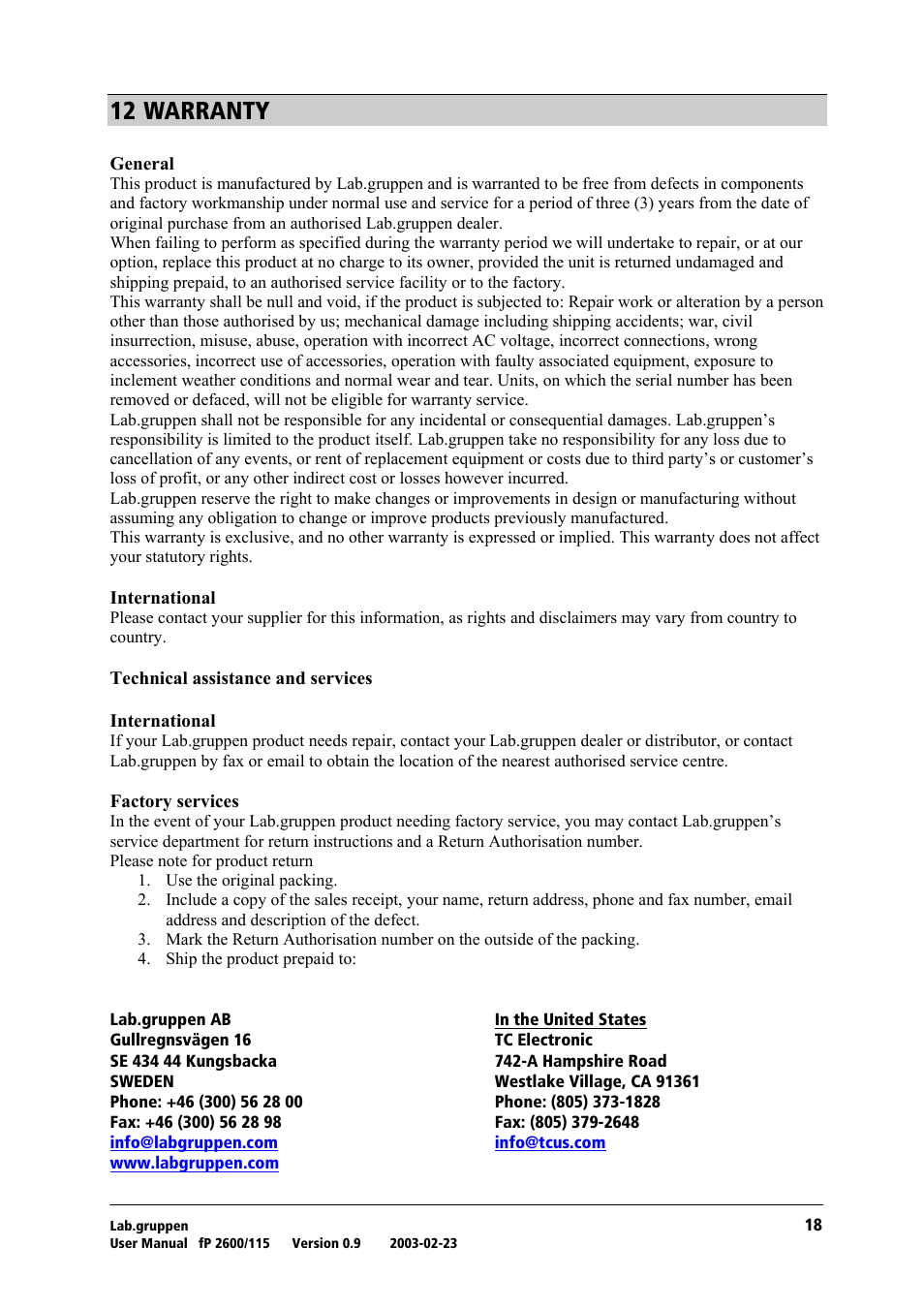 Warranty, No=t^oo^kqv | Lab.gruppen fP2600 User Manual | Page 19 / 19