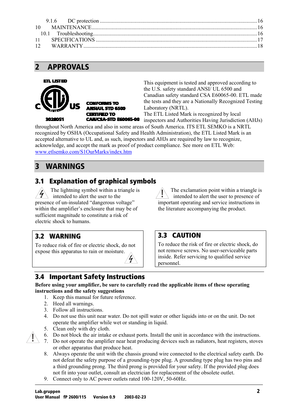 Approvals, Warnings, Explanation of graphical symbols | Warning, Caution, Important safety instructions, O= =^mmols^ip, P= t^okfkdp, Pkn= bñéä~е~нбзе=зс=цк~йьбе~д=лугдздл, Pko= t^okfkd | Lab.gruppen fP2600 User Manual | Page 3 / 19