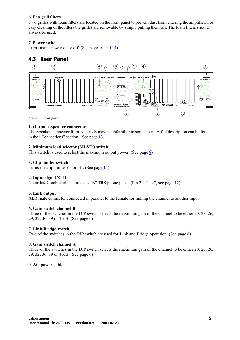 Rear panel, Qkp= oй~к=m~åéä | Lab.gruppen fP2600 User Manual | Page 6 / 19
