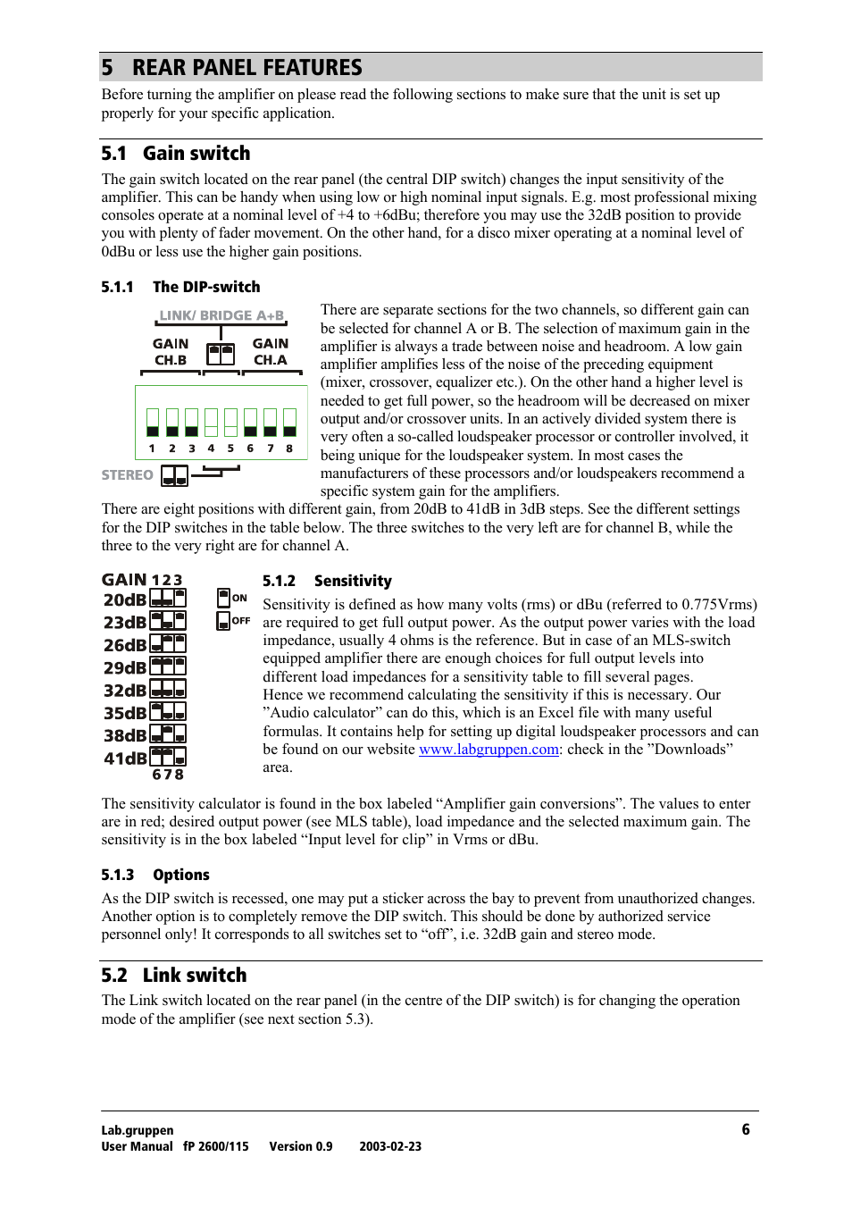 Rear panel features, Gain switch, The dip-switch | Sensitivity, Options, Link switch, R= ob^o=m^kbi=cb^qrobp, Rkn= d~бе=лпбнеь, Rko= iáåâ=лпбнеь | Lab.gruppen fP2600 User Manual | Page 7 / 19