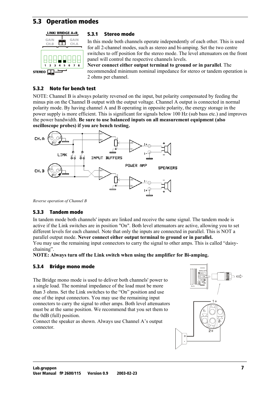 Operation modes, Stereo mode, Note for bench test | Tandem mode, Bridge mono mode, Rkp= lééê~нбзе=гззйл | Lab.gruppen fP2600 User Manual | Page 8 / 19