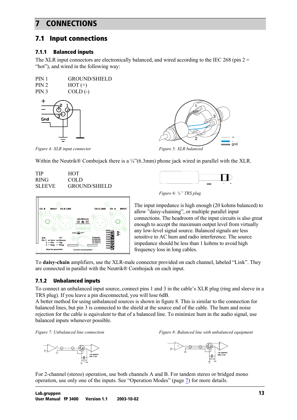 Connections, Input connections, Balanced inputs | Unbalanced inputs, T= `lkkb`qflkp, Tkn= fåéìí=езеейенбзел | Lab.gruppen fP 3400 User Manual | Page 14 / 20