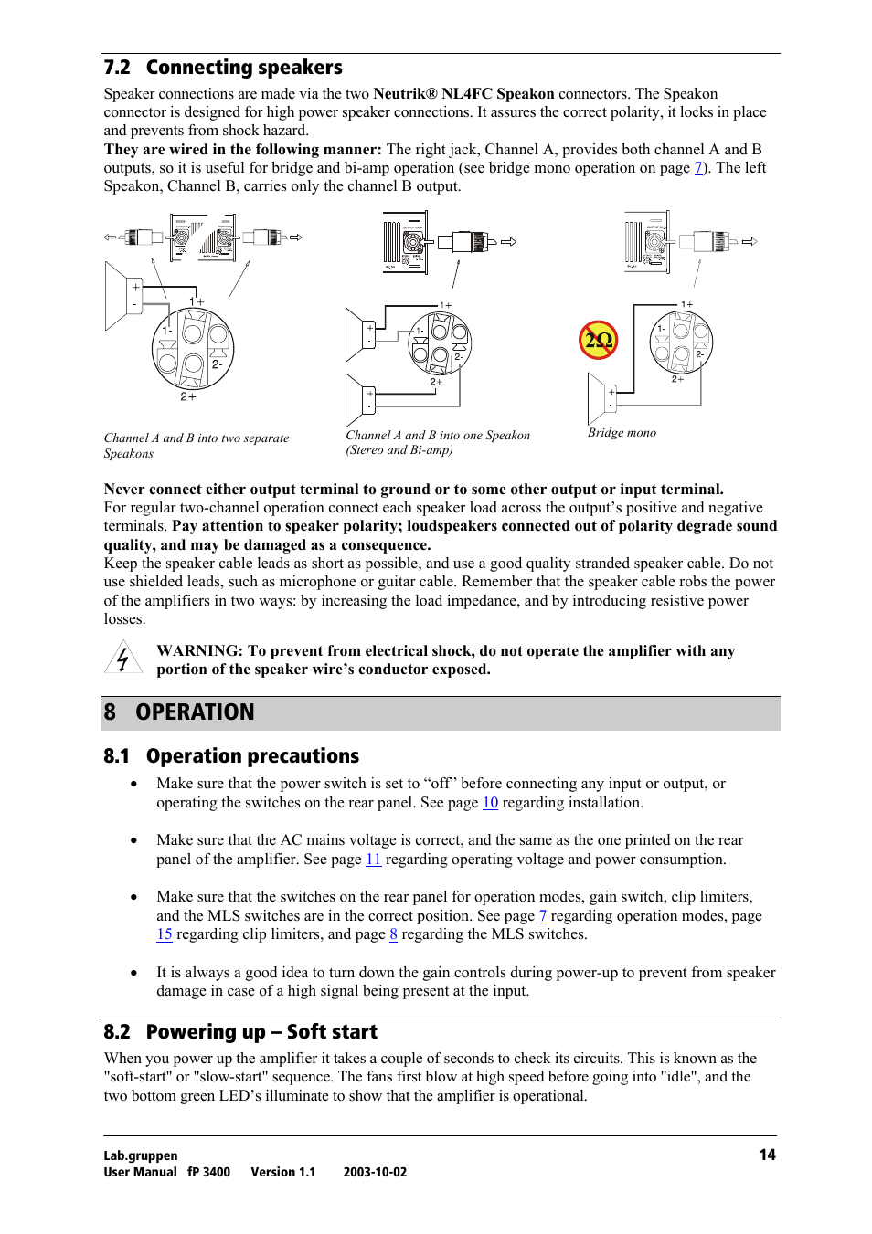 Connecting speakers, Operation, Operation precautions | Powering up – soft start, U= lmbo^qflk, Tko= `зеейенбец=лйй~вйкл, Ukn= lééê~нбзе=йкйе~мнбзел, Uko= mçïéêáåö=мй=у=pçñí=лн~кн | Lab.gruppen fP 3400 User Manual | Page 15 / 20