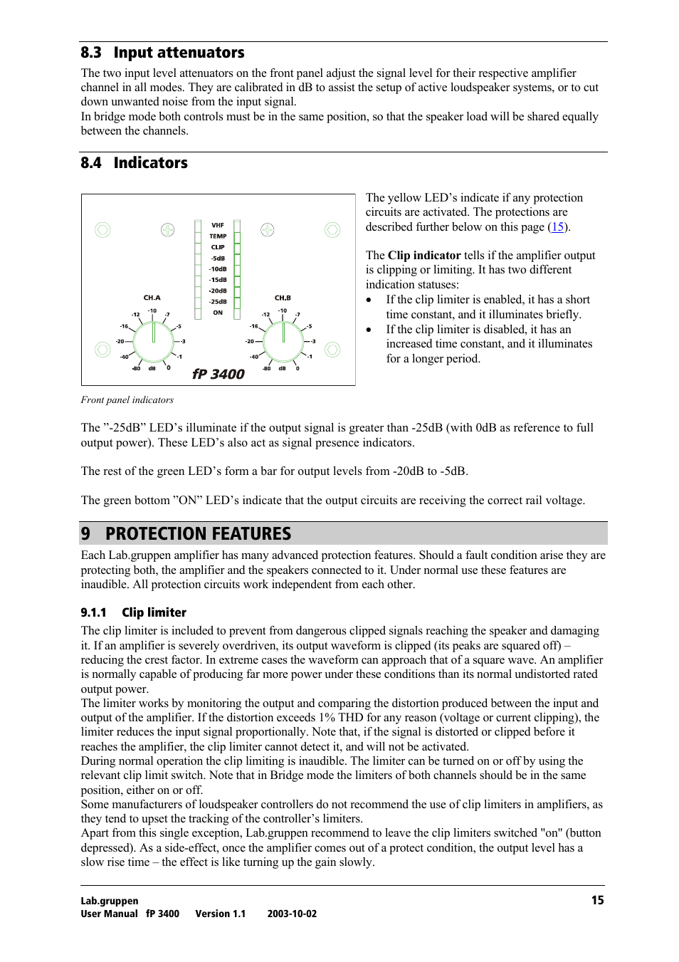 Input attenuators, Indicators, Protection features | Clip limiter, V= molqb`qflk=cb^qrobp, Ukp= fåéìí=~ннйем~нзкл, Ukq= fåçáå~нзкл | Lab.gruppen fP 3400 User Manual | Page 16 / 20