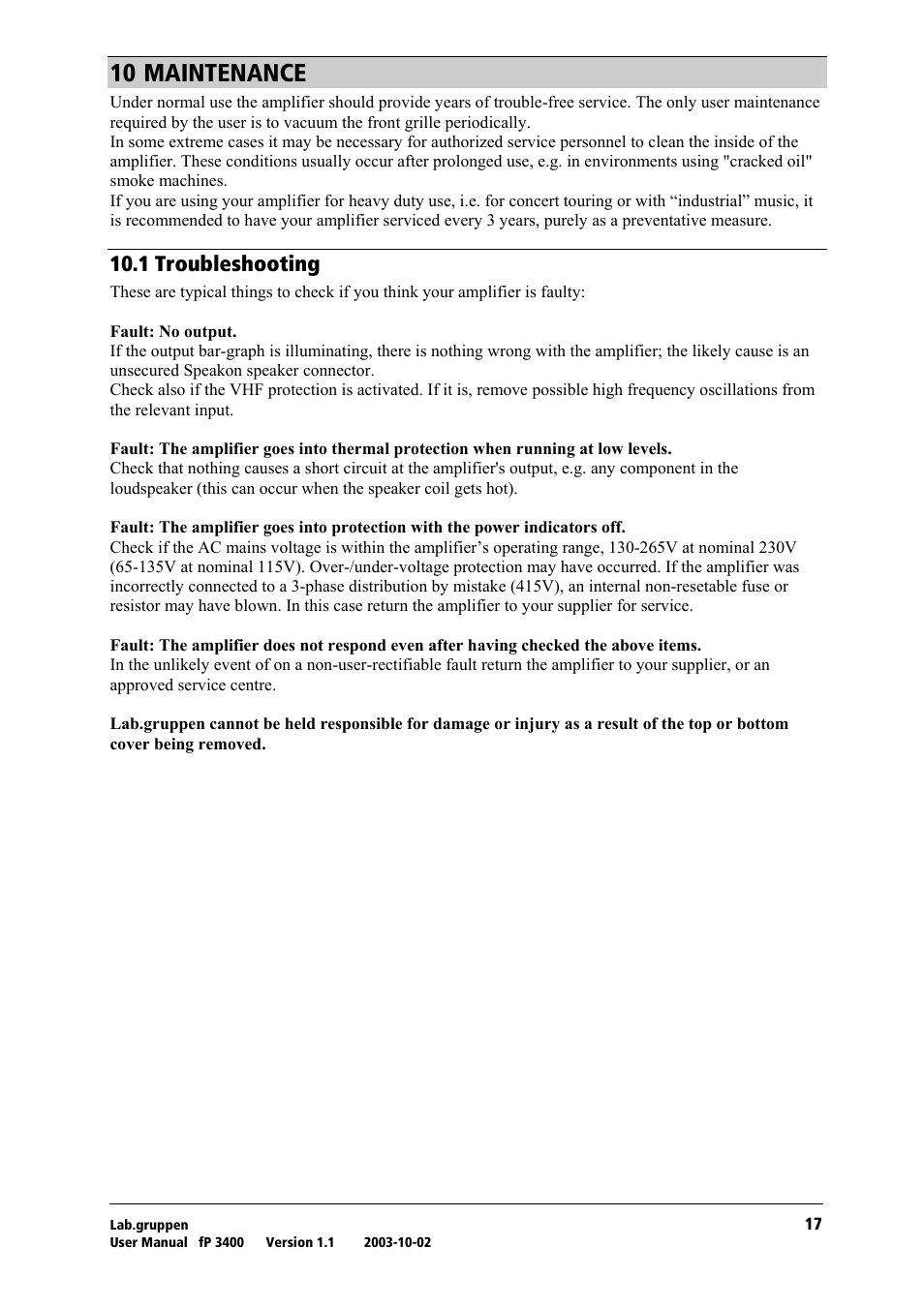 Maintenance, Troubleshooting, Nm=j^fkqbk^k`b | Nmkn=qêçìääéëüççíáåö | Lab.gruppen fP 3400 User Manual | Page 18 / 20