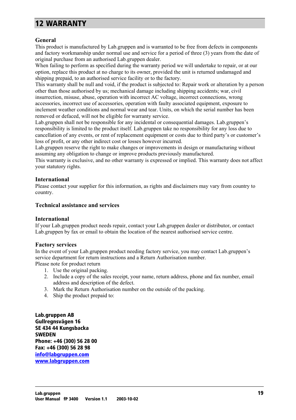 Warranty, No=t^oo^kqv | Lab.gruppen fP 3400 User Manual | Page 20 / 20