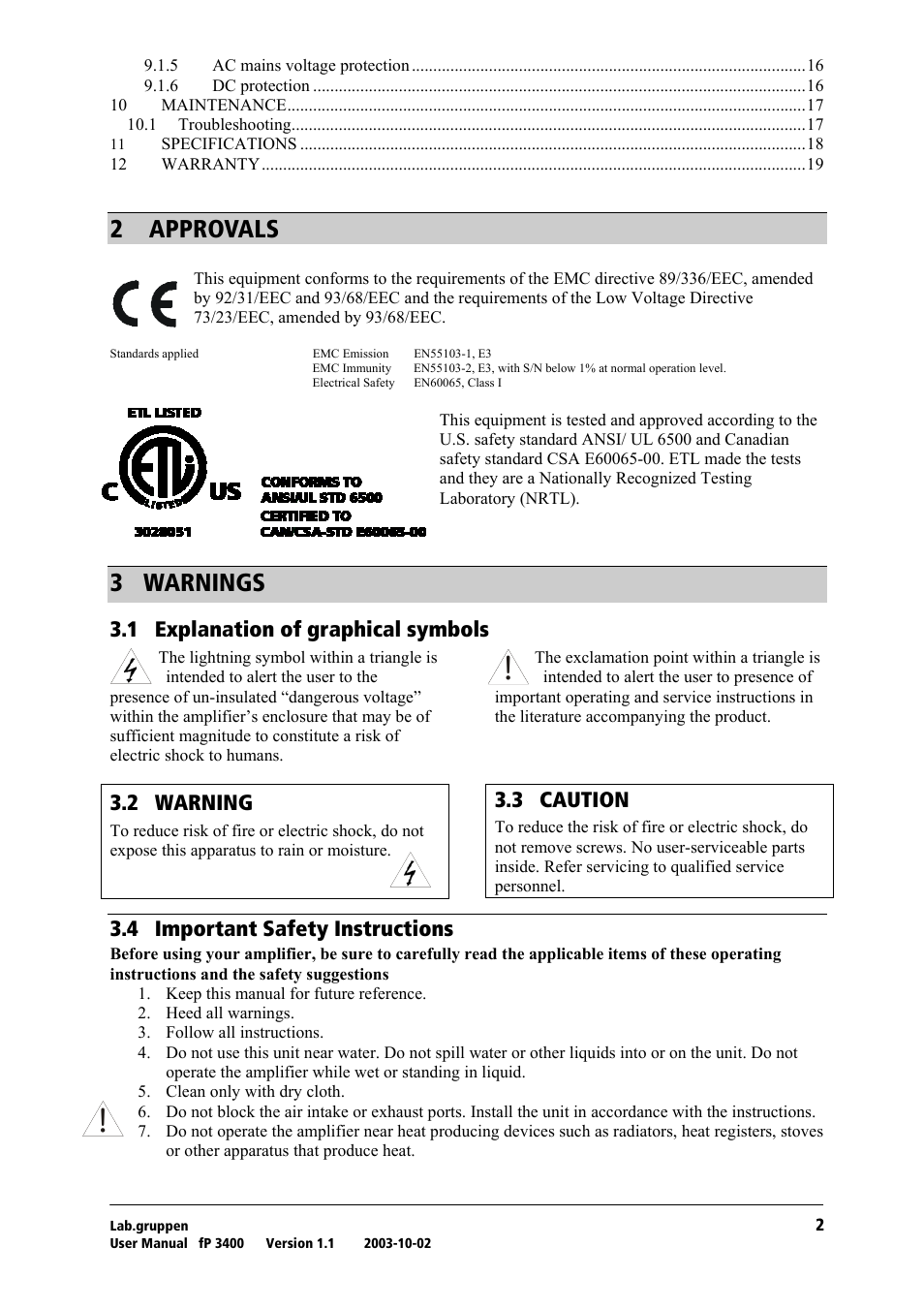 Approvals, Warnings, Explanation of graphical symbols | Warning, Caution, Important safety instructions, O= =^mmols^ip, P= t^okfkdp, Pkn= bñéä~е~нбзе=зс=цк~йьбе~д=лугдздл, Pko= t^okfkd | Lab.gruppen fP 3400 User Manual | Page 3 / 20