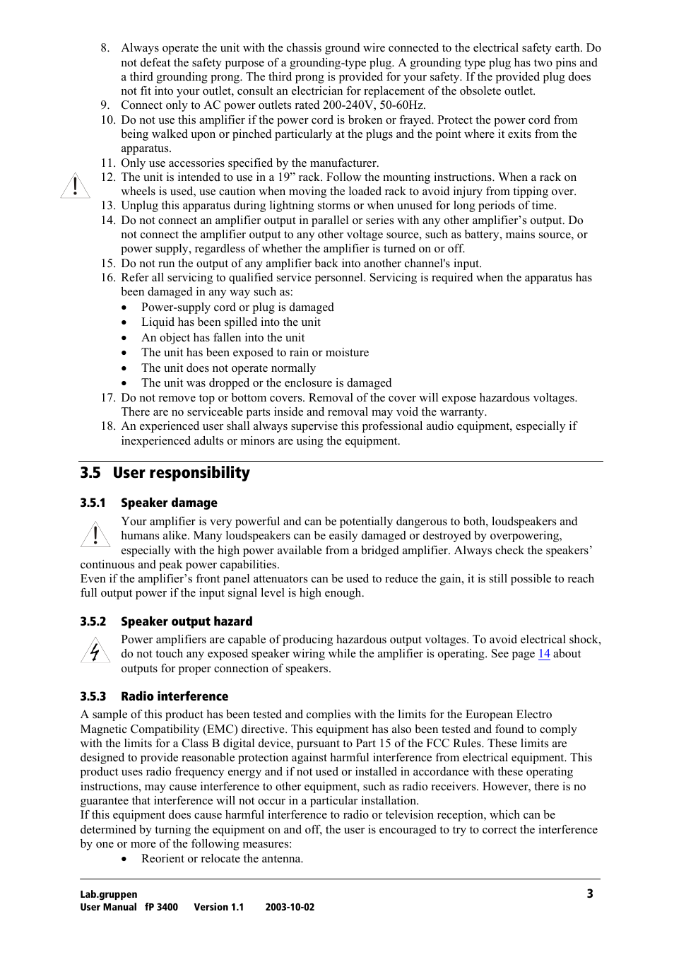 User responsibility, Speaker damage, Speaker output hazard | Radio interference, Pkr= rëéê=кйлйзелбдбдбну | Lab.gruppen fP 3400 User Manual | Page 4 / 20