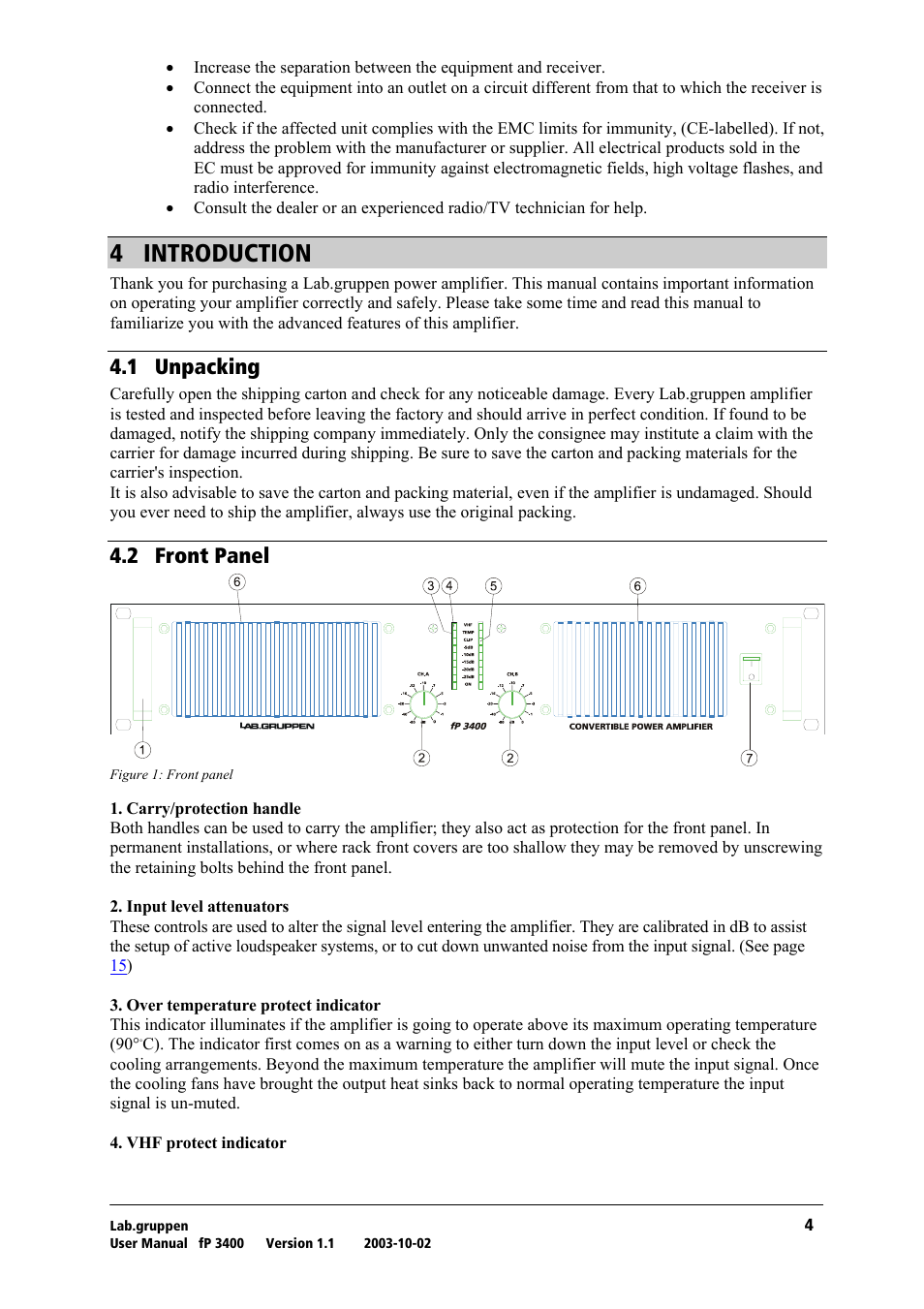 Introduction, Unpacking, Front panel | Q= fkqolar`qflk, Qkn= rей~евбец, Qko= cêçåí=m~åéä | Lab.gruppen fP 3400 User Manual | Page 5 / 20
