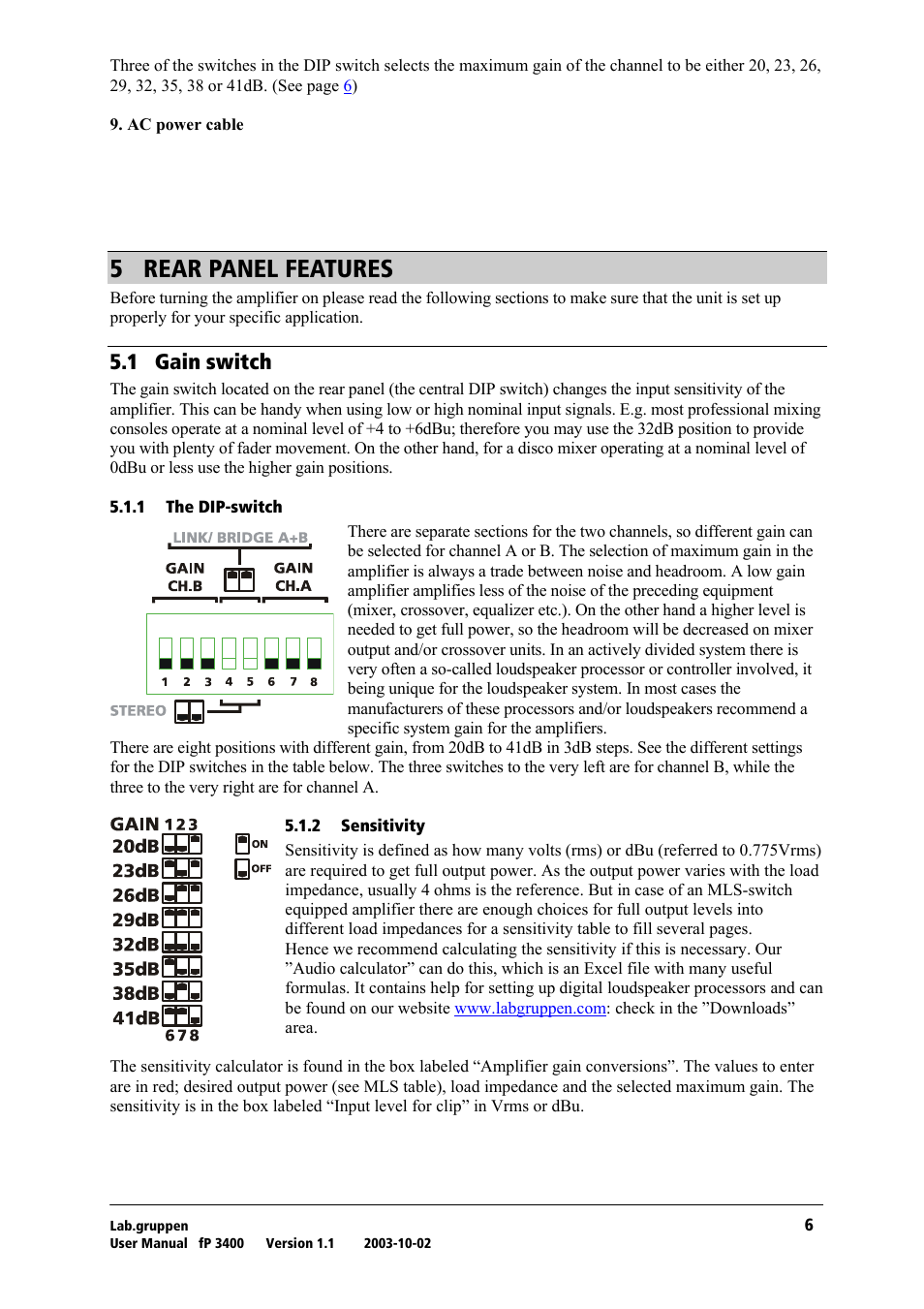 Rear panel features, Gain switch, The dip-switch | Sensitivity, R= ob^o=m^kbi=cb^qrobp, Rkn= d~бе=лпбнеь | Lab.gruppen fP 3400 User Manual | Page 7 / 20