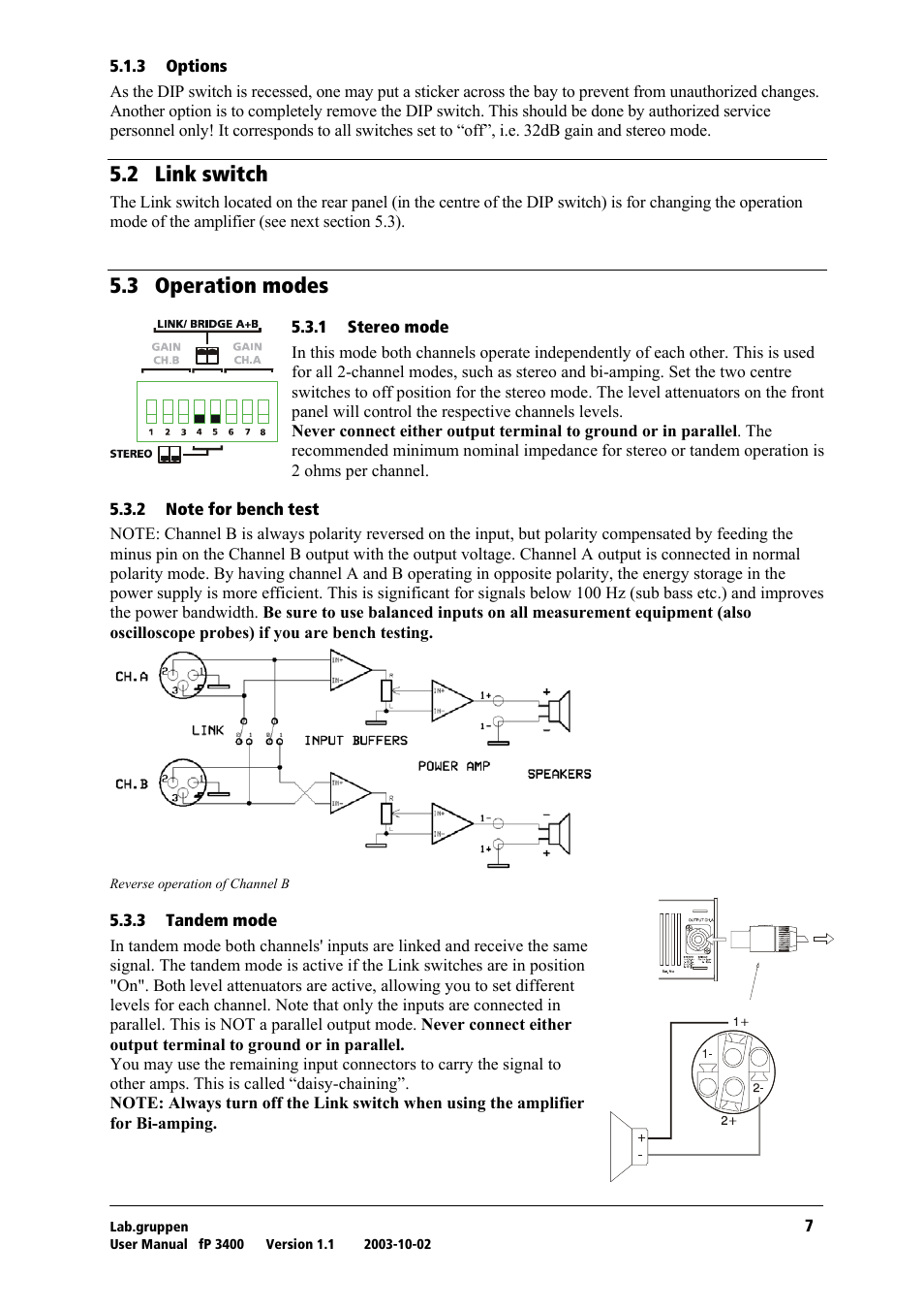 Options, Link switch, Operation modes | Stereo mode, Note for bench test, Tandem mode, Rko= iáåâ=лпбнеь, Rkp= lééê~нбзе=гззйл | Lab.gruppen fP 3400 User Manual | Page 8 / 20