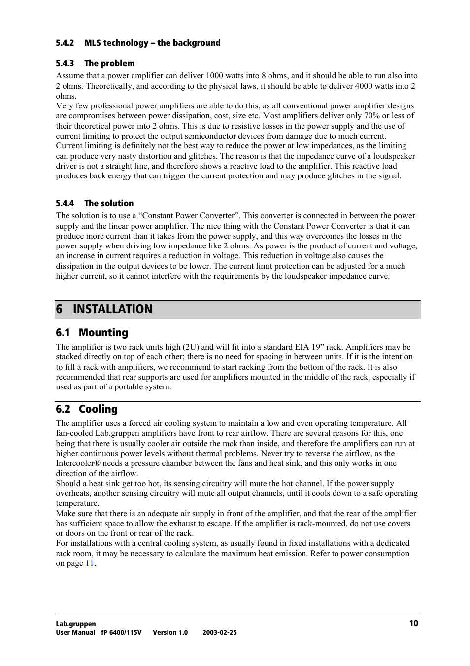 Mls technology – the background, The problem, The solution | Installation, Mounting, Cooling, S= fkpq^ii^qflk, Skn= jçìåíáåö, Sko= `зздбец | Lab.gruppen fP 6400 User Manual | Page 11 / 20