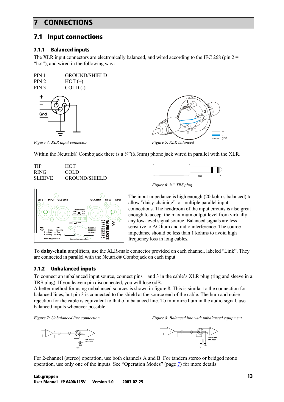 Connections, Input connections, Balanced inputs | Unbalanced inputs, T= `lkkb`qflkp, Tkn= fåéìí=езеейенбзел | Lab.gruppen fP 6400 User Manual | Page 14 / 20