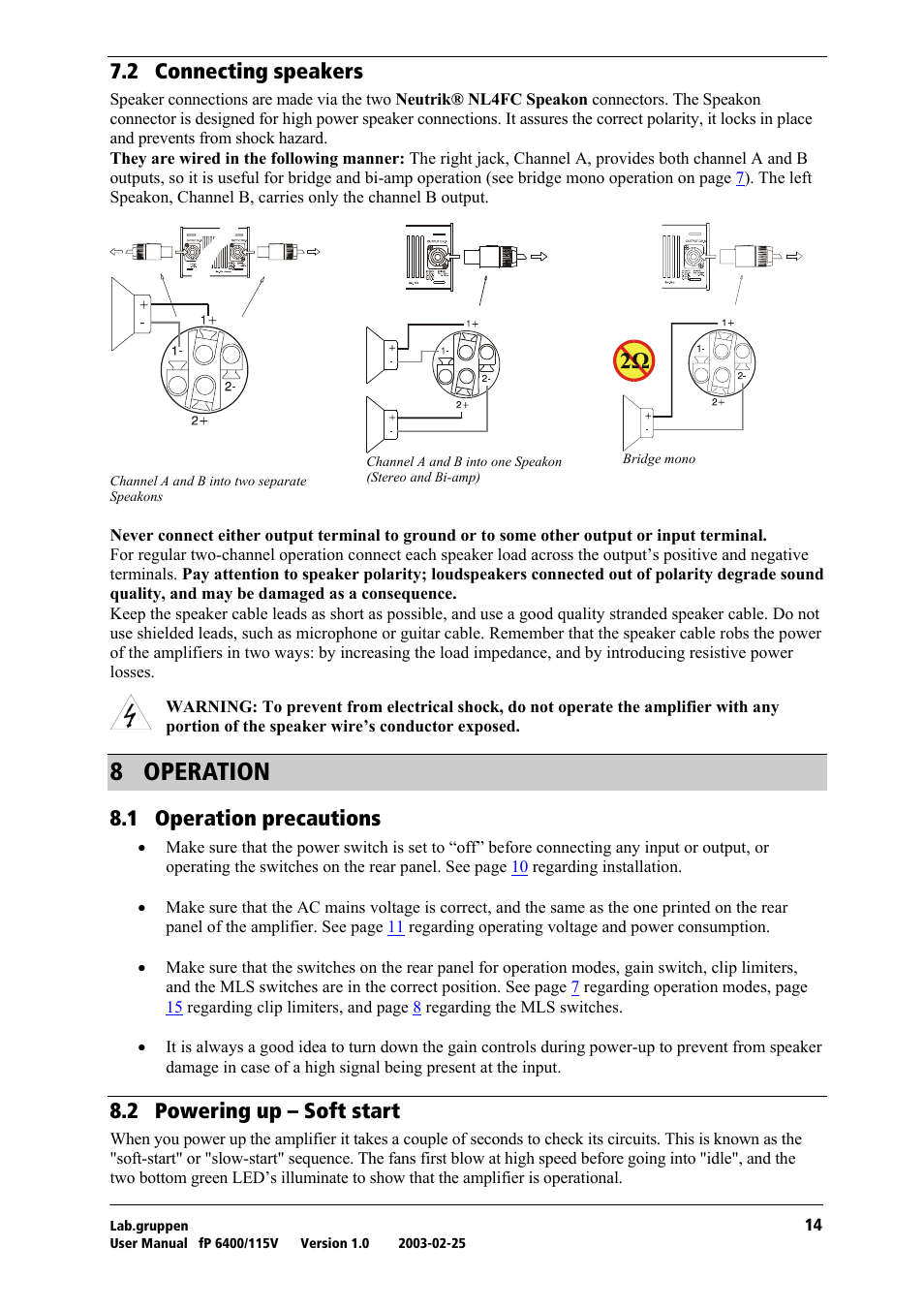 Connecting speakers, Operation, Operation precautions | Powering up – soft start, U= lmbo^qflk, Tko= `зеейенбец=лйй~вйкл, Ukn= lééê~нбзе=йкйе~мнбзел, Uko= mçïéêáåö=мй=у=pçñí=лн~кн | Lab.gruppen fP 6400 User Manual | Page 15 / 20