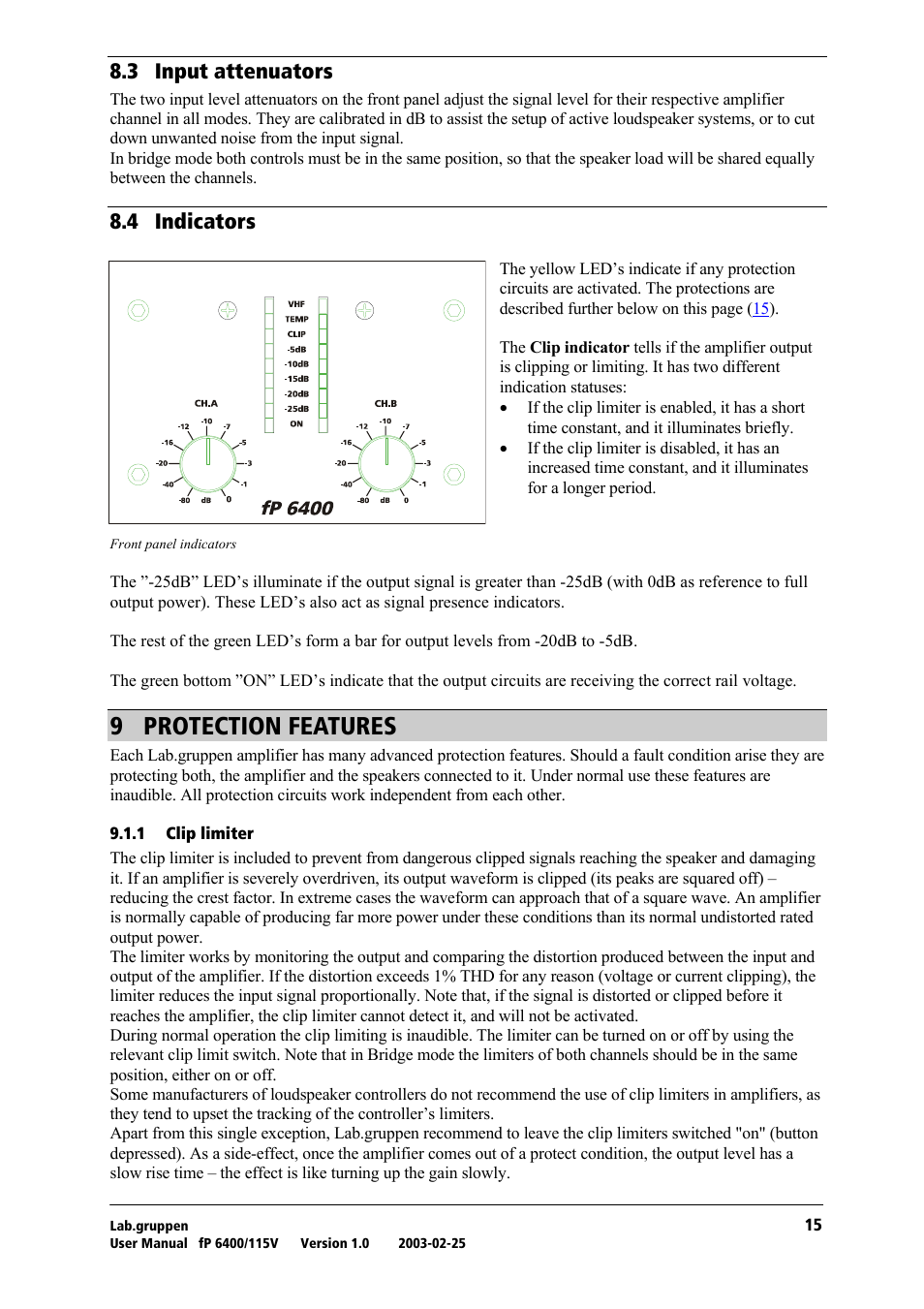 Input attenuators, Indicators, Protection features | Clip limiter, V= molqb`qflk=cb^qrobp, Ukp= fåéìí=~ннйем~нзкл, Ukq= fåçáå~нзкл | Lab.gruppen fP 6400 User Manual | Page 16 / 20