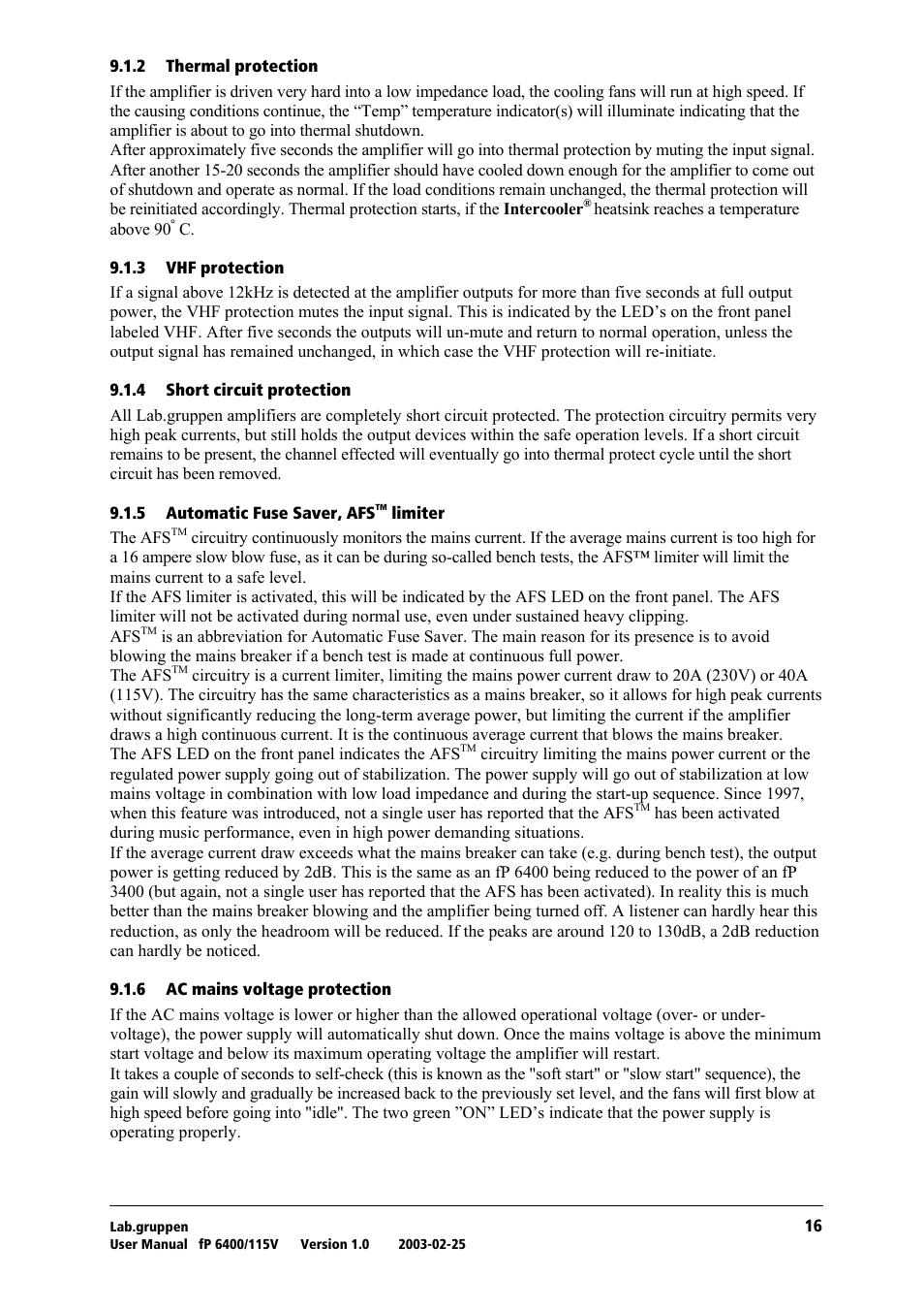 Thermal protection, Vhf protection, Short circuit protection | Automatic fuse saver, afstm limiter, Ac mains voltage protection, Automatic fuse saver, afs, Limiter | Lab.gruppen fP 6400 User Manual | Page 17 / 20