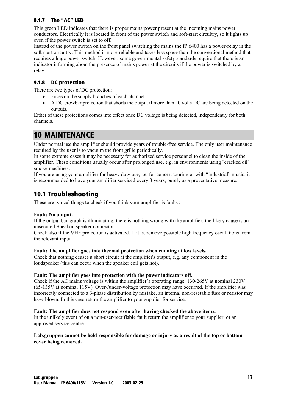 The “ac” led, Dc protection, Maintenance | Troubleshooting, Nm=j^fkqbk^k`b, Nmkn=qêçìääéëüççíáåö | Lab.gruppen fP 6400 User Manual | Page 18 / 20
