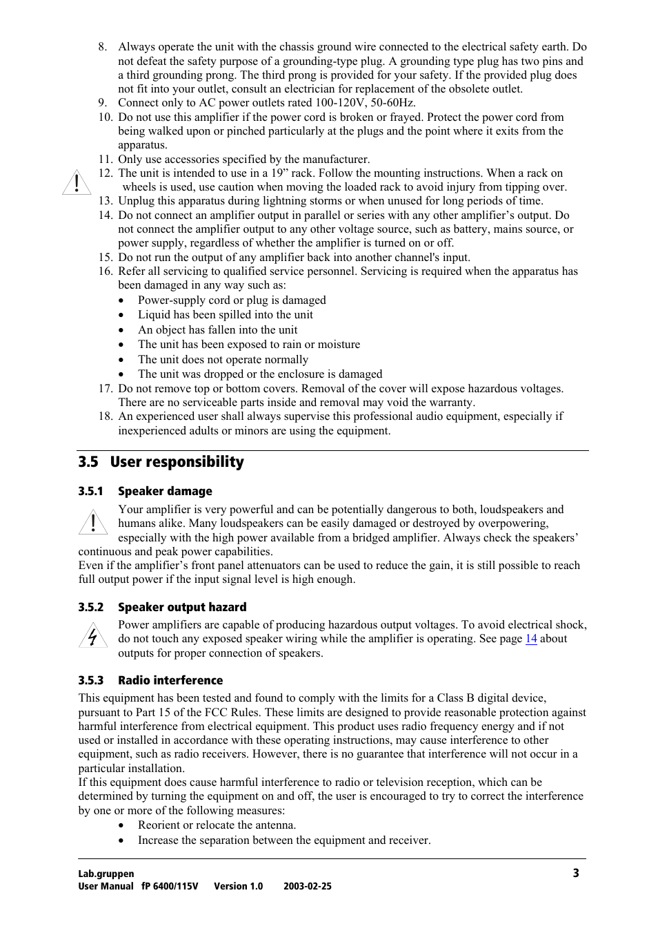 User responsibility, Speaker damage, Speaker output hazard | Radio interference, Pkr= rëéê=кйлйзелбдбдбну | Lab.gruppen fP 6400 User Manual | Page 4 / 20