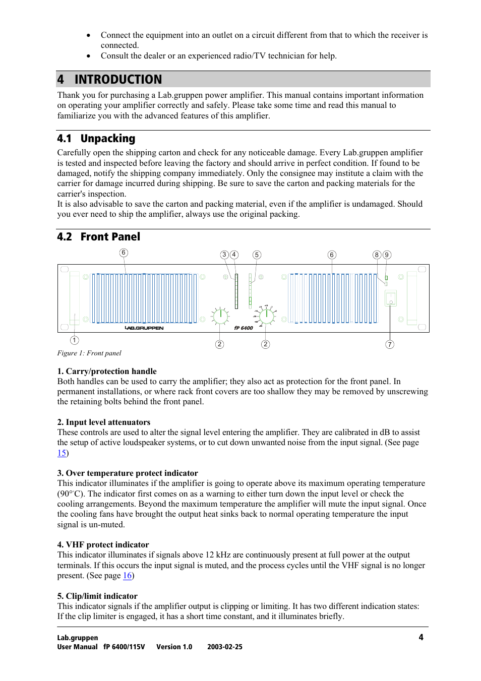 Introduction, Unpacking, Front panel | Q= fkqolar`qflk, Qkn= rей~евбец, Qko= cêçåí=m~åéä, Figure 1: front panel, I~äköêìéééå | Lab.gruppen fP 6400 User Manual | Page 5 / 20