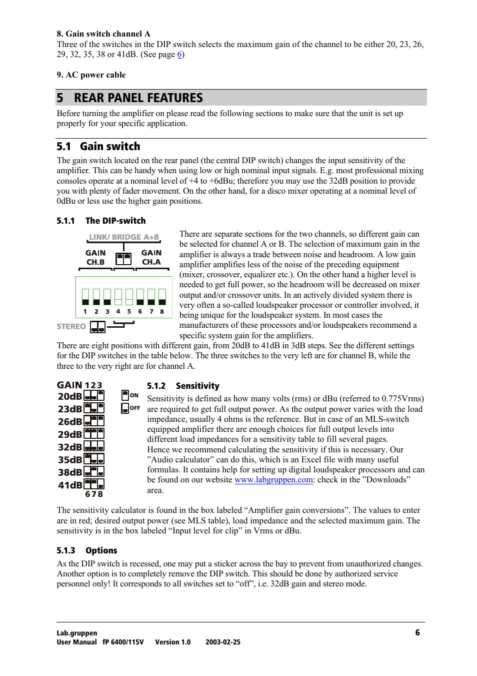 Rear panel features, Gain switch, The dip-switch | Sensitivity, Options, R= ob^o=m^kbi=cb^qrobp, Rkn= d~бе=лпбнеь | Lab.gruppen fP 6400 User Manual | Page 7 / 20