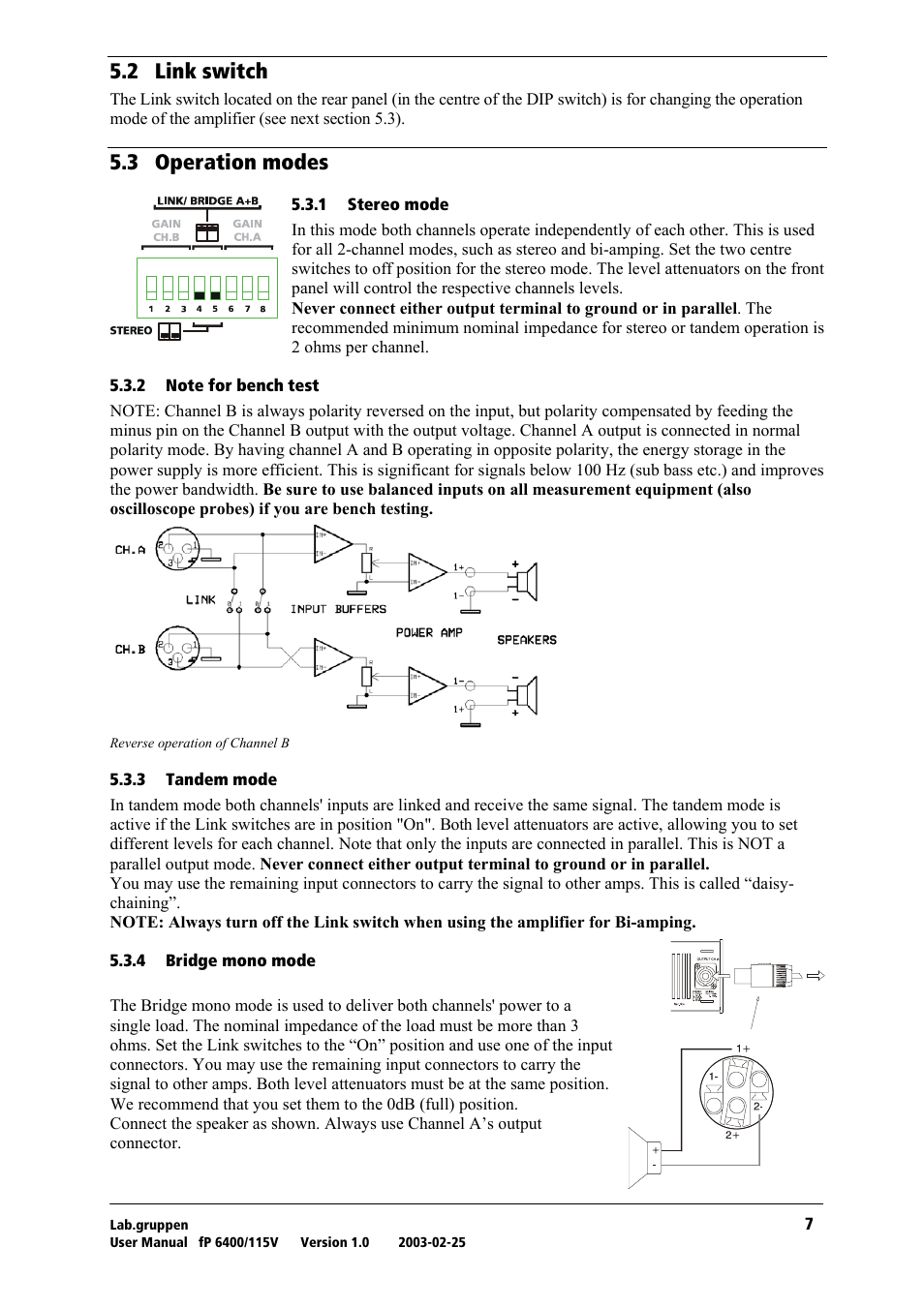 Link switch, Operation modes, Stereo mode | Note for bench test, Tandem mode, Bridge mono mode, Rko= iáåâ=лпбнеь, Rkp= lééê~нбзе=гззйл | Lab.gruppen fP 6400 User Manual | Page 8 / 20