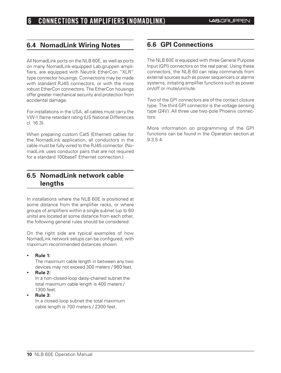 4 nomadlink wiring notes, 6 nomadlink network cable lengths, 6 connections to amplifiers (nomadlink) | 5 nomadlink network cable lengths, 6 gpi connections | Lab.gruppen NLB 60E NomadLink User Manual | Page 10 / 35