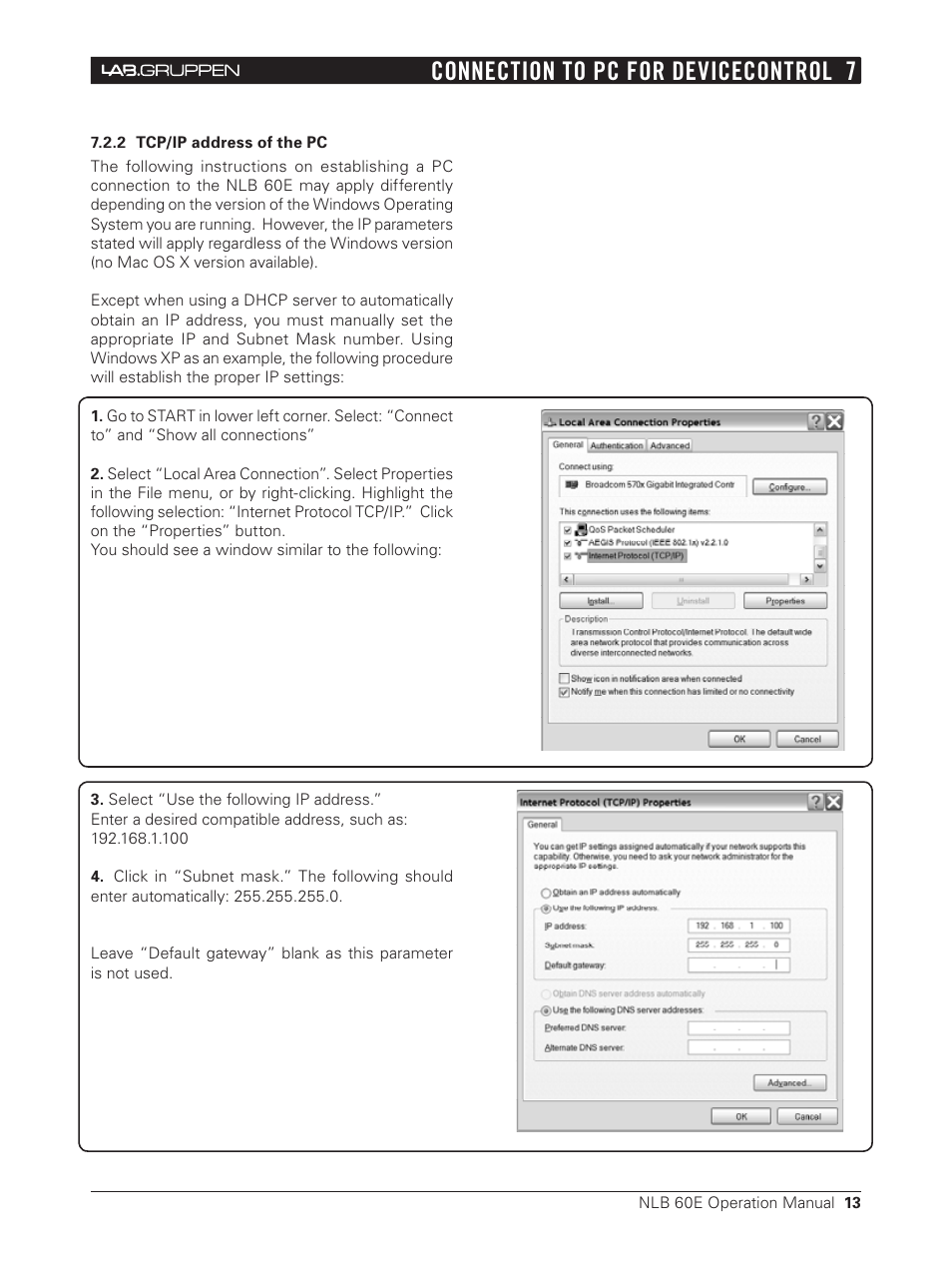 2 tcp/ip address of the pc, Connection to pc for devicecontrol 7 | Lab.gruppen NLB 60E NomadLink User Manual | Page 13 / 35