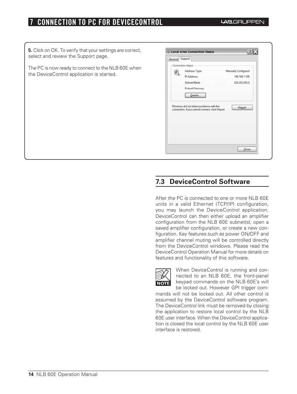 3 devicecontrol software, 7 connection to pc for devicecontrol | Lab.gruppen NLB 60E NomadLink User Manual | Page 14 / 35
