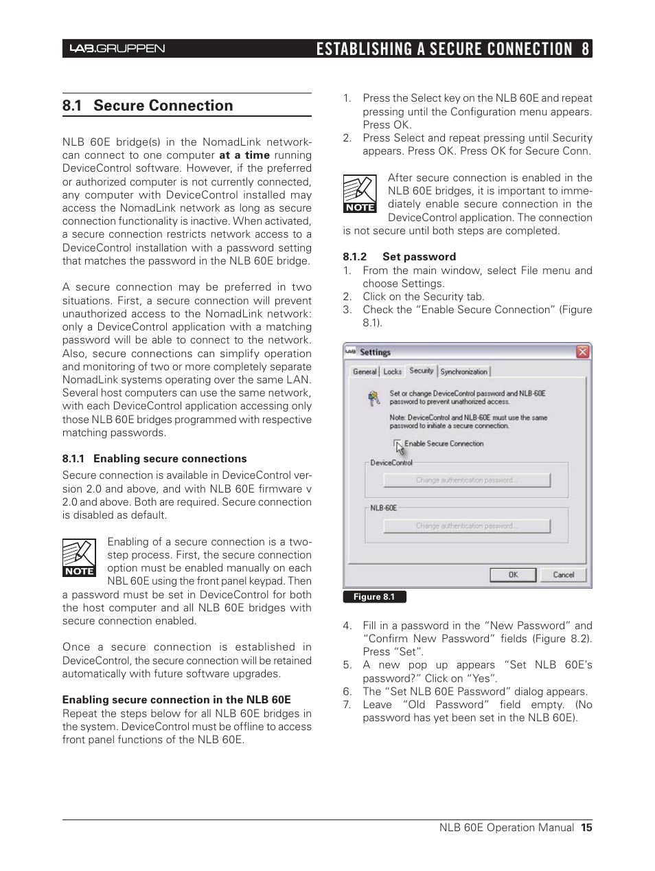 8 establishing a secure connection, 1 secure connections, 1 enabling secure connections | 2 set password, Establishing a secure connection 8, 1 secure connection | Lab.gruppen NLB 60E NomadLink User Manual | Page 15 / 35