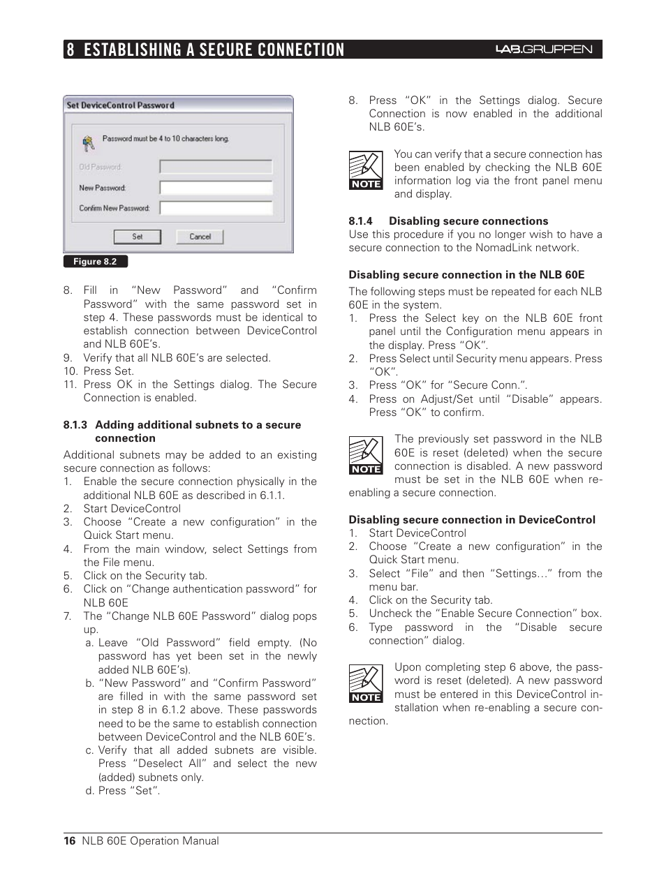 3 adding additional subnets to a secure connection, 4 disabling secure connections, 8 establishing a secure connection | Lab.gruppen NLB 60E NomadLink User Manual | Page 16 / 35
