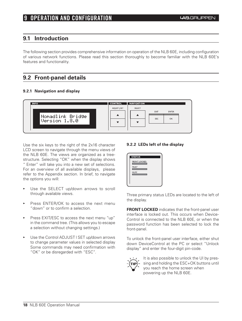 9 operation and configuration, 1 introduction, 2 front-panel details | 1 navigation and display, 2 leds left of the display | Lab.gruppen NLB 60E NomadLink User Manual | Page 18 / 35