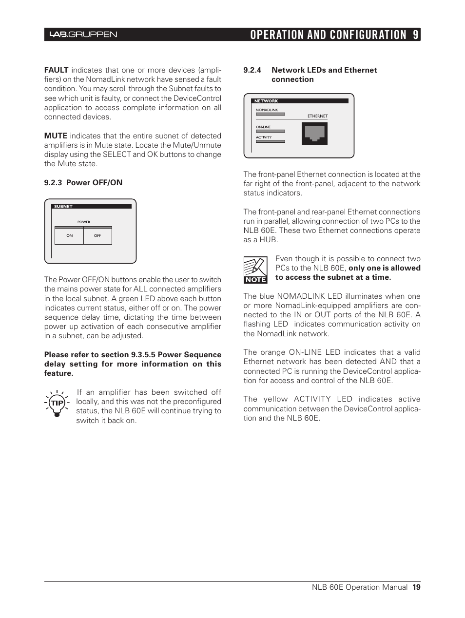3 power off/on, 4 network leds and ethernet connection, Operation and configuration 9 | Lab.gruppen NLB 60E NomadLink User Manual | Page 19 / 35