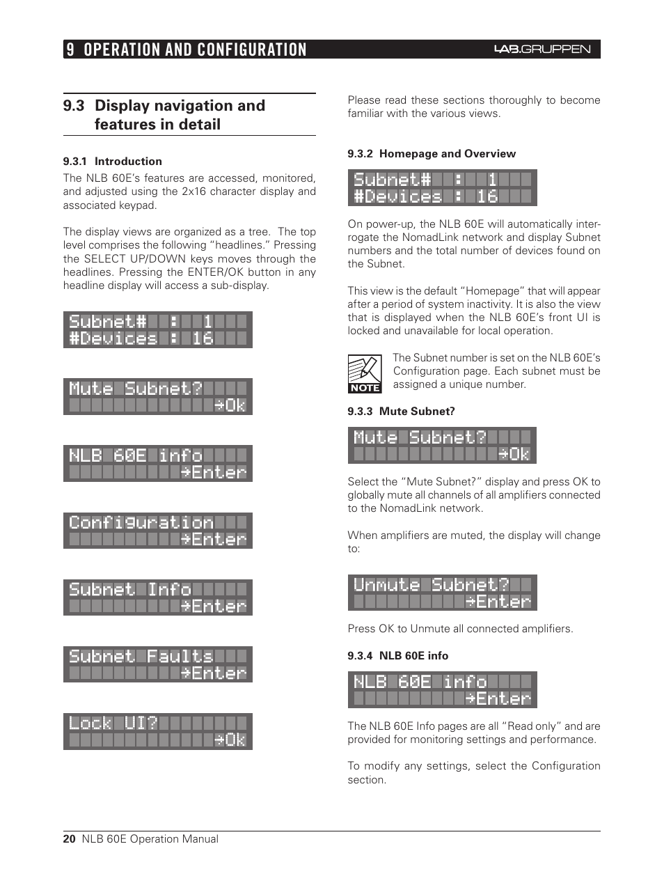 3 display navigation and features in detail, 1 introduction, 3 mute subnet | 4 nlb 60e info, 9 operation and configuration | Lab.gruppen NLB 60E NomadLink User Manual | Page 20 / 35
