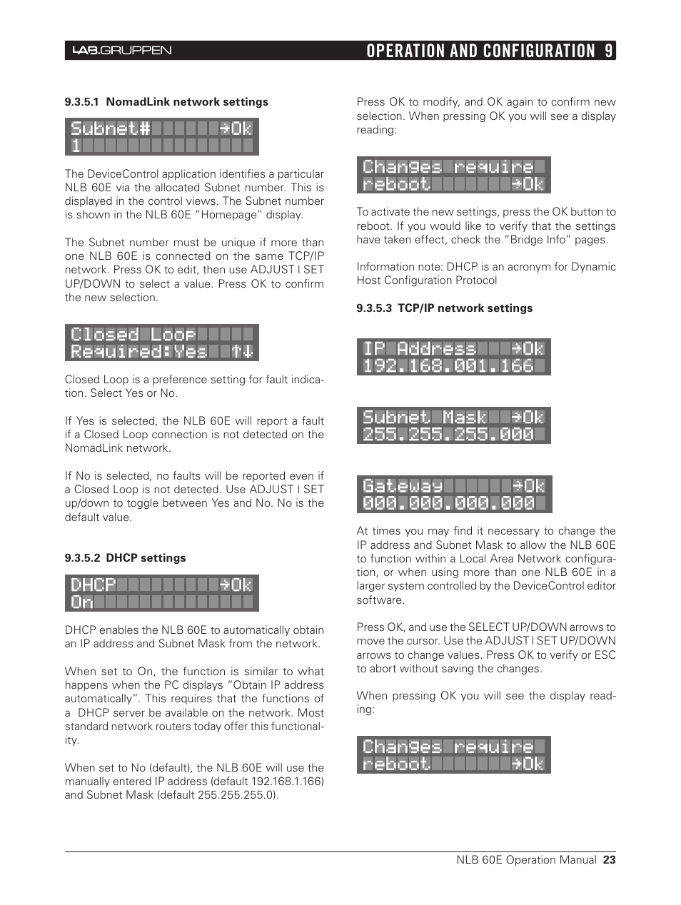 1 nomadlink network settings, 2 dhcp settings, 3 tcp/ip network settings | Operation and configuration 9 | Lab.gruppen NLB 60E NomadLink User Manual | Page 23 / 35