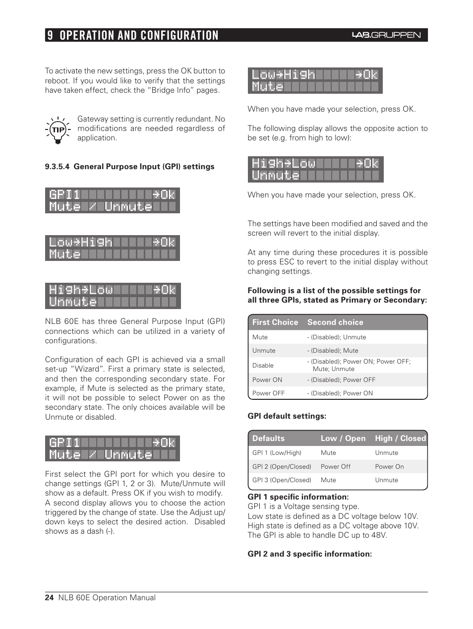 4 general purpose input (gpi) settings, 9 operation and configuration, Low high ok mute high low ok unmute | Lab.gruppen NLB 60E NomadLink User Manual | Page 24 / 35