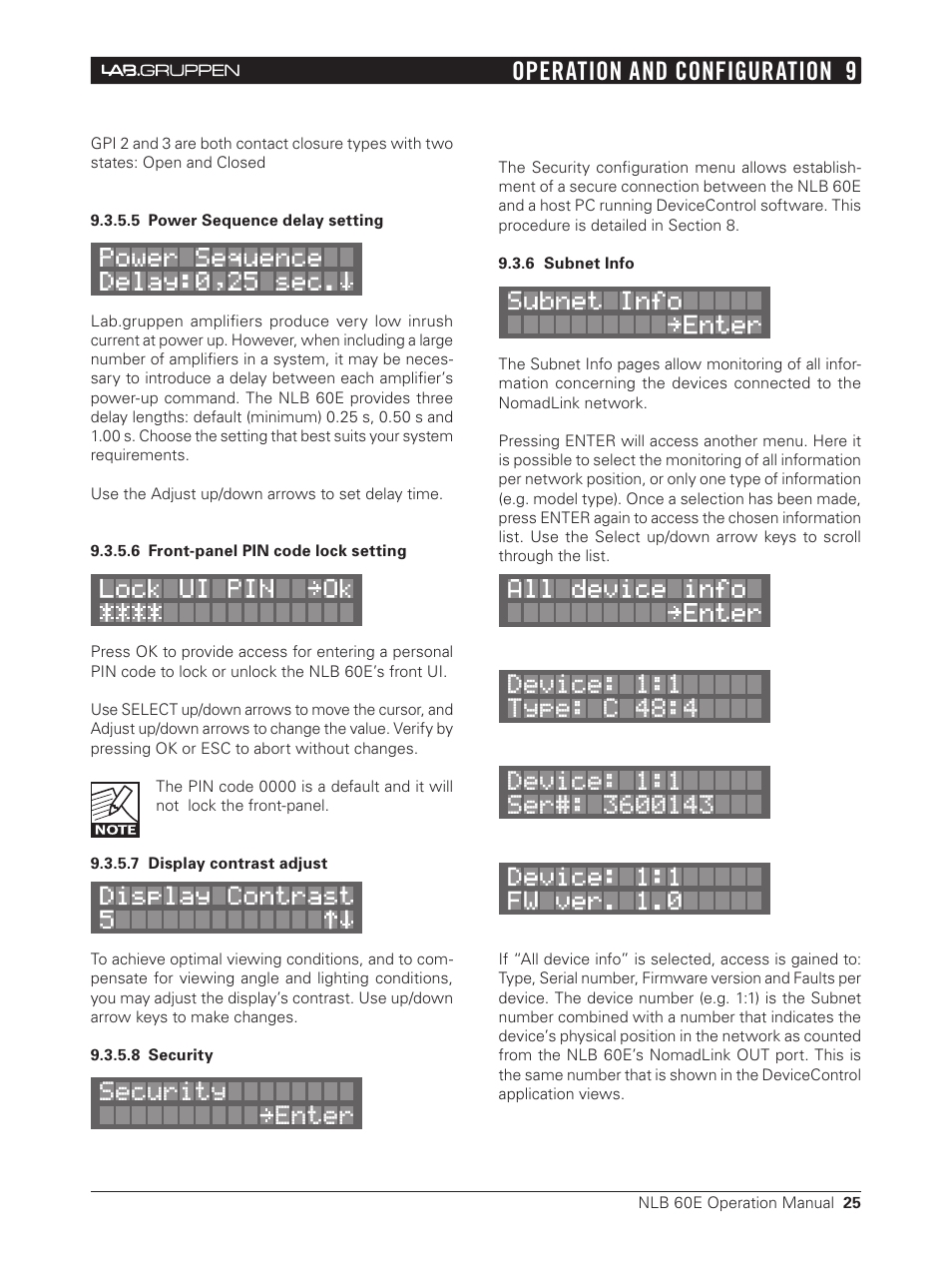 5 power sequence delay setting, 6 front-panel pin code lock setting, 7 display contrast adjust | 8 security, 6 subnet info, Operation and configuration 9 | Lab.gruppen NLB 60E NomadLink User Manual | Page 25 / 35