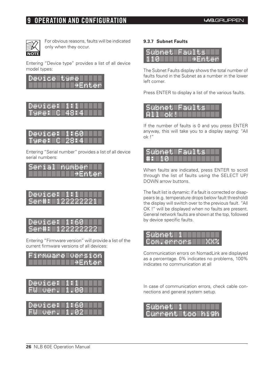 7 subnet faults, 9 operation and configuration | Lab.gruppen NLB 60E NomadLink User Manual | Page 26 / 35