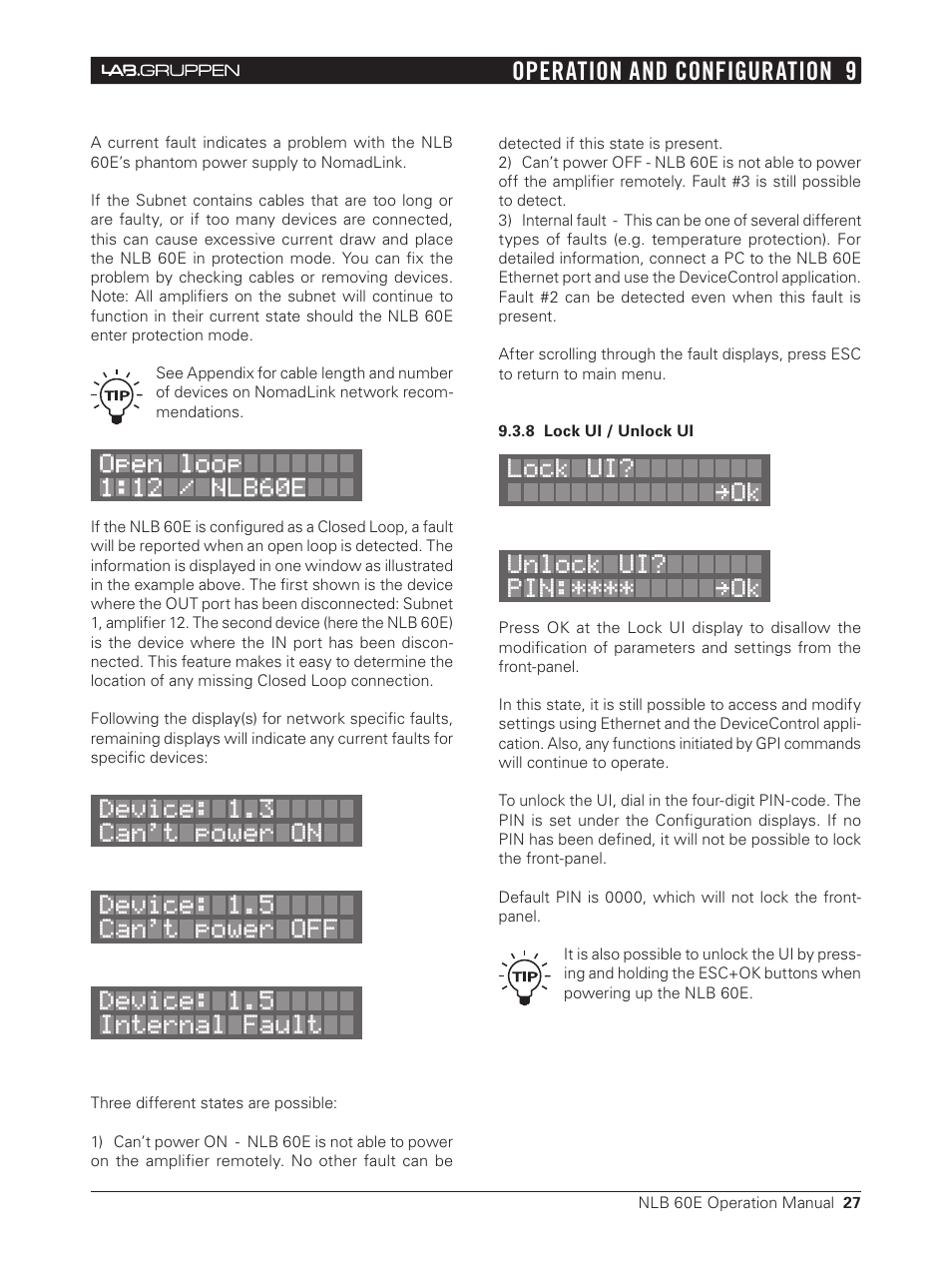 8 lock ui / unlock ui, Operation and configuration 9 | Lab.gruppen NLB 60E NomadLink User Manual | Page 27 / 35