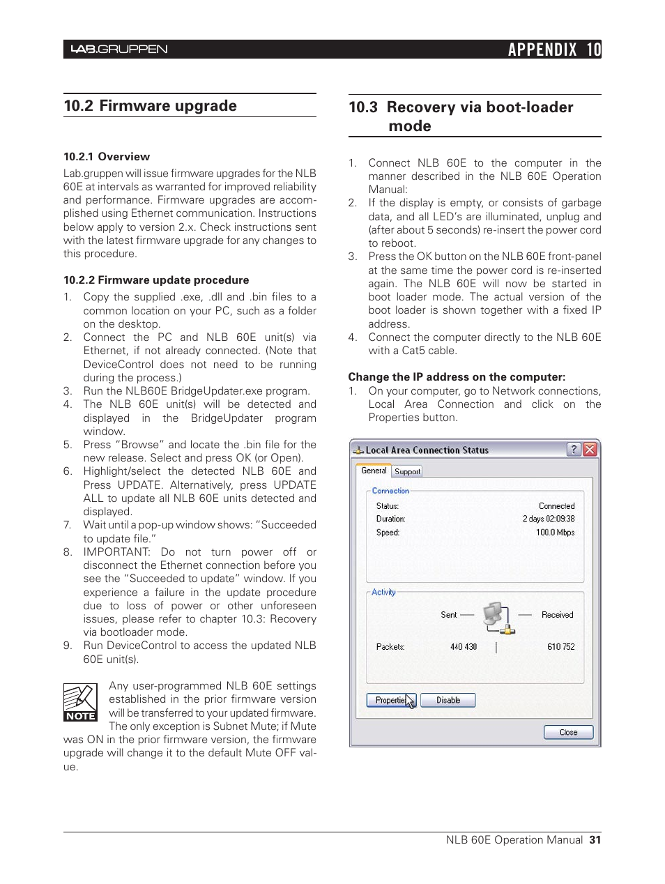 2 firmware upgrade, 1 overview, 2 firmware update procedure | 3 recovery via boot-loader mode, Appendix 10 | Lab.gruppen NLB 60E NomadLink User Manual | Page 31 / 35