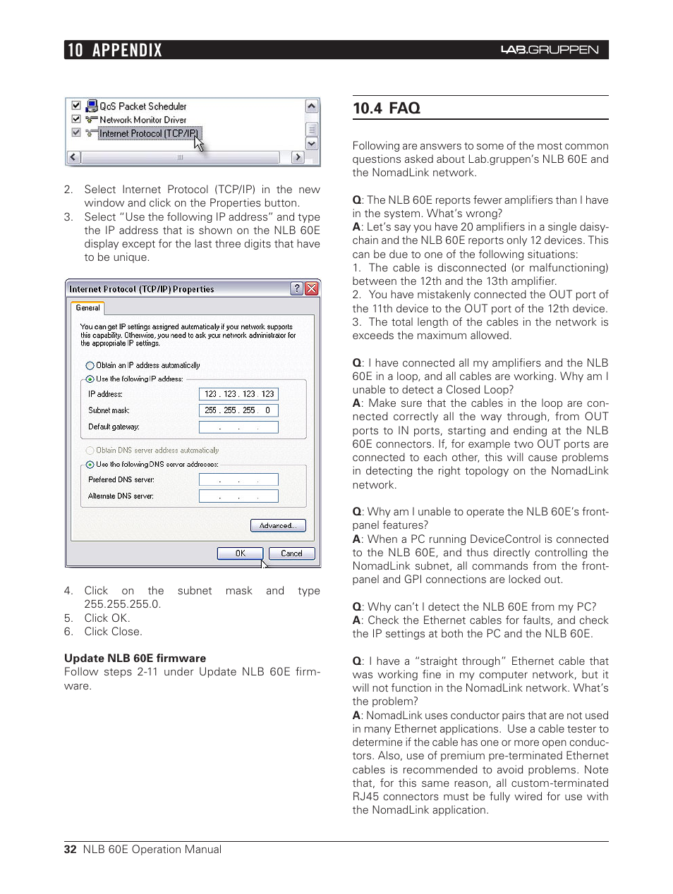 4 faq, 10 appendix | Lab.gruppen NLB 60E NomadLink User Manual | Page 32 / 35