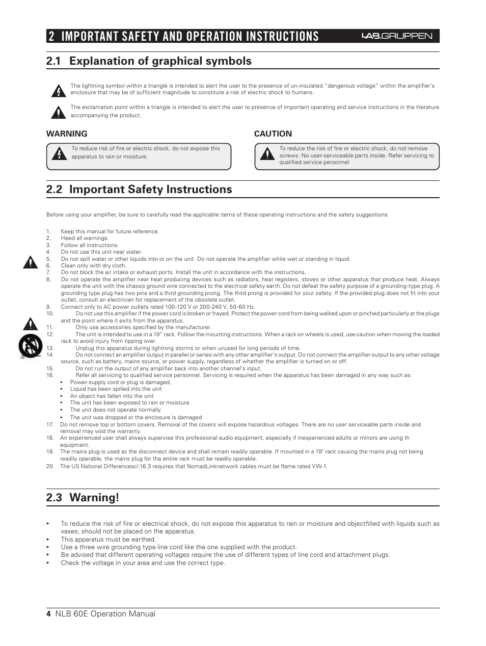 1 explanation of graphical symbols, 2 important safety instructions, 3 warning | 2 important safety and operation instructions, 4 nlb 60e operation manual, Warning caution | Lab.gruppen NLB 60E NomadLink User Manual | Page 4 / 35