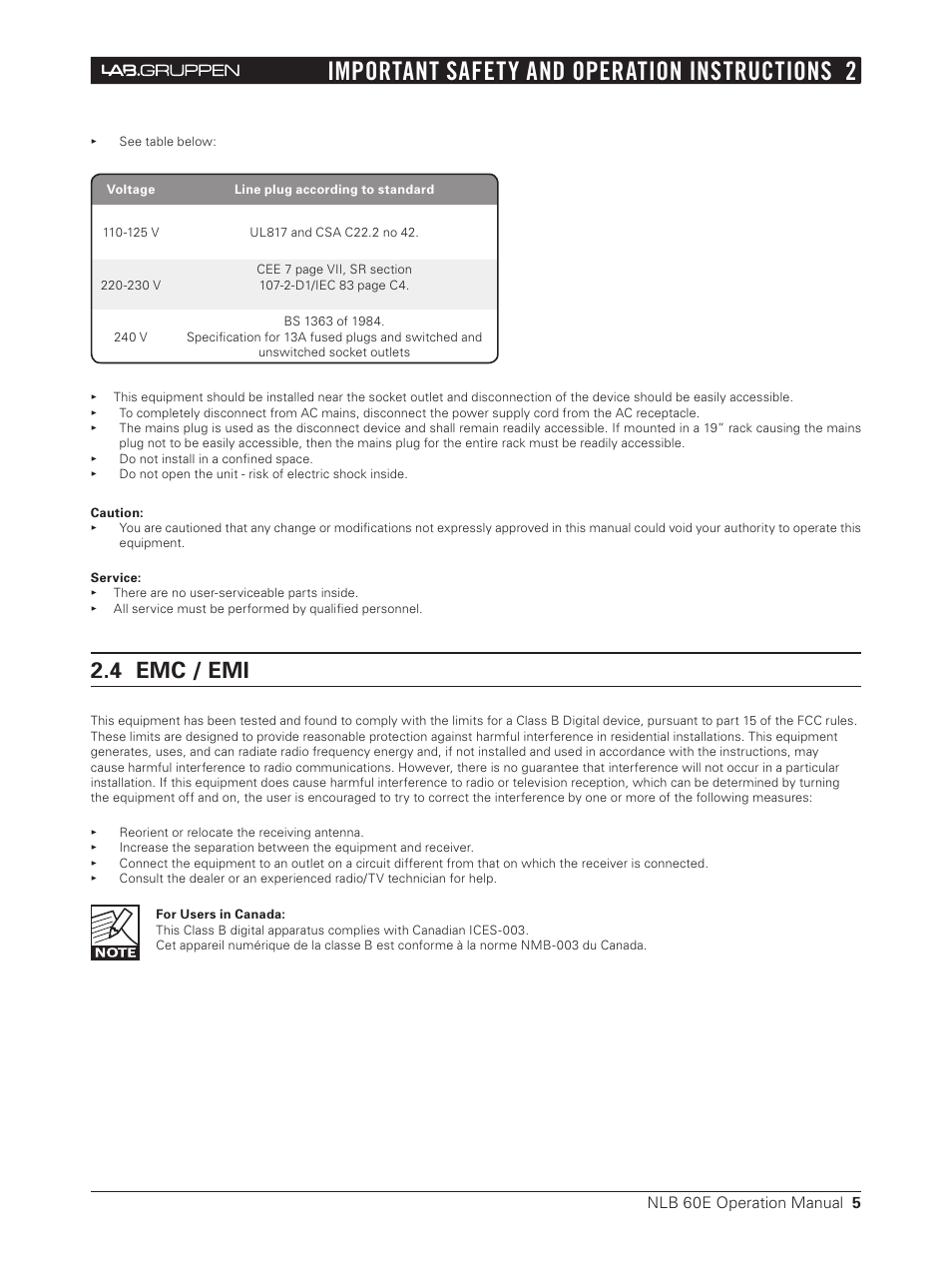 4 emc / emi, Important safety and operation instructions 2 | Lab.gruppen NLB 60E NomadLink User Manual | Page 5 / 35